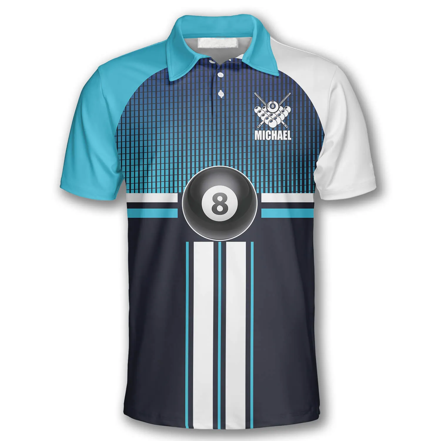 3D All Over Print Billiard 8 Ball Gradient Light Blue Custom Billiard Polo Shirts for Men