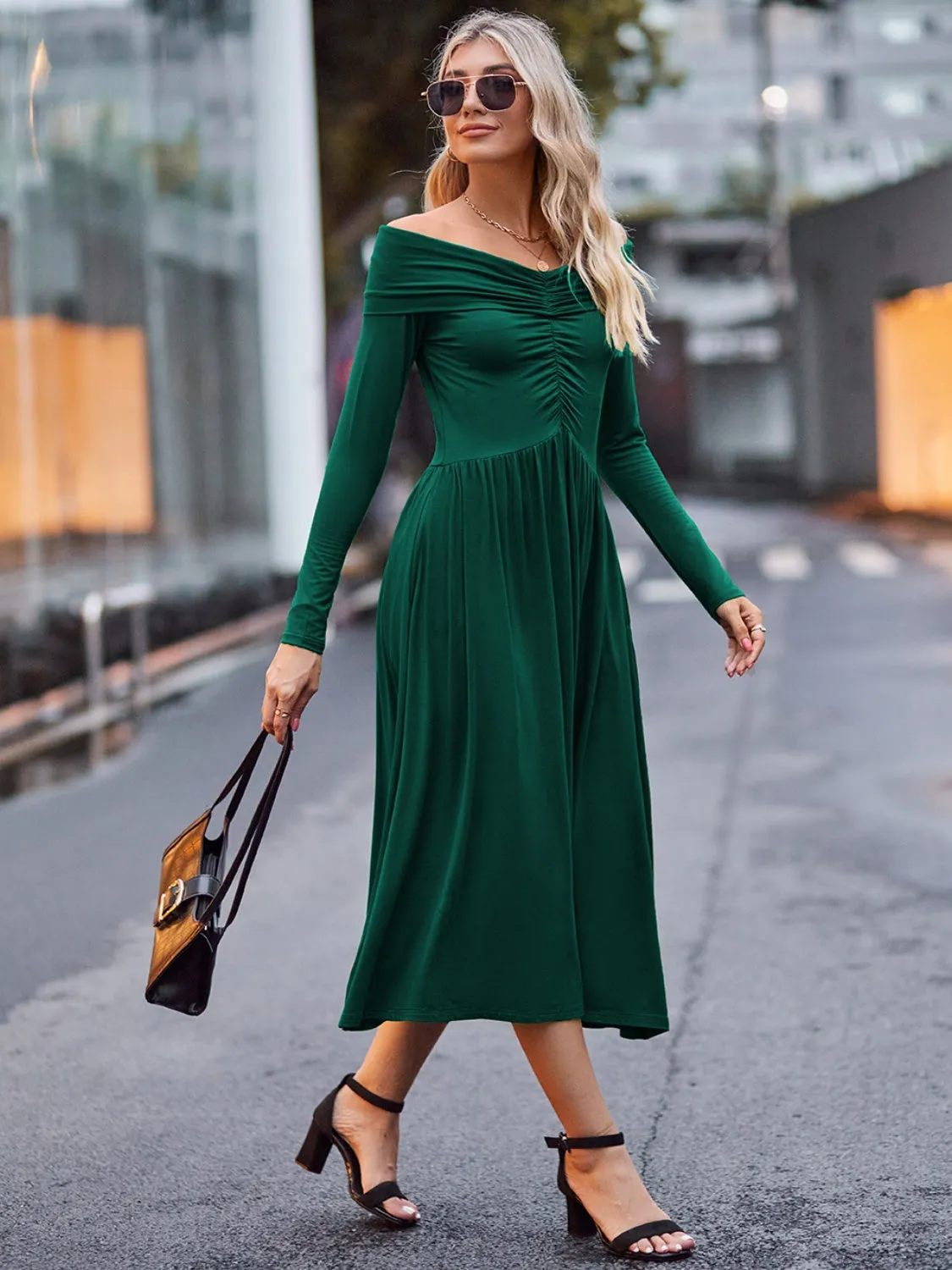 Affordable Cute Ruched Off-Shoulder Midi Dress - Perfect for Homecoming, Snowcoming 2024, or Hoco Stylish and Budget-Friendly Look for Special Occasions