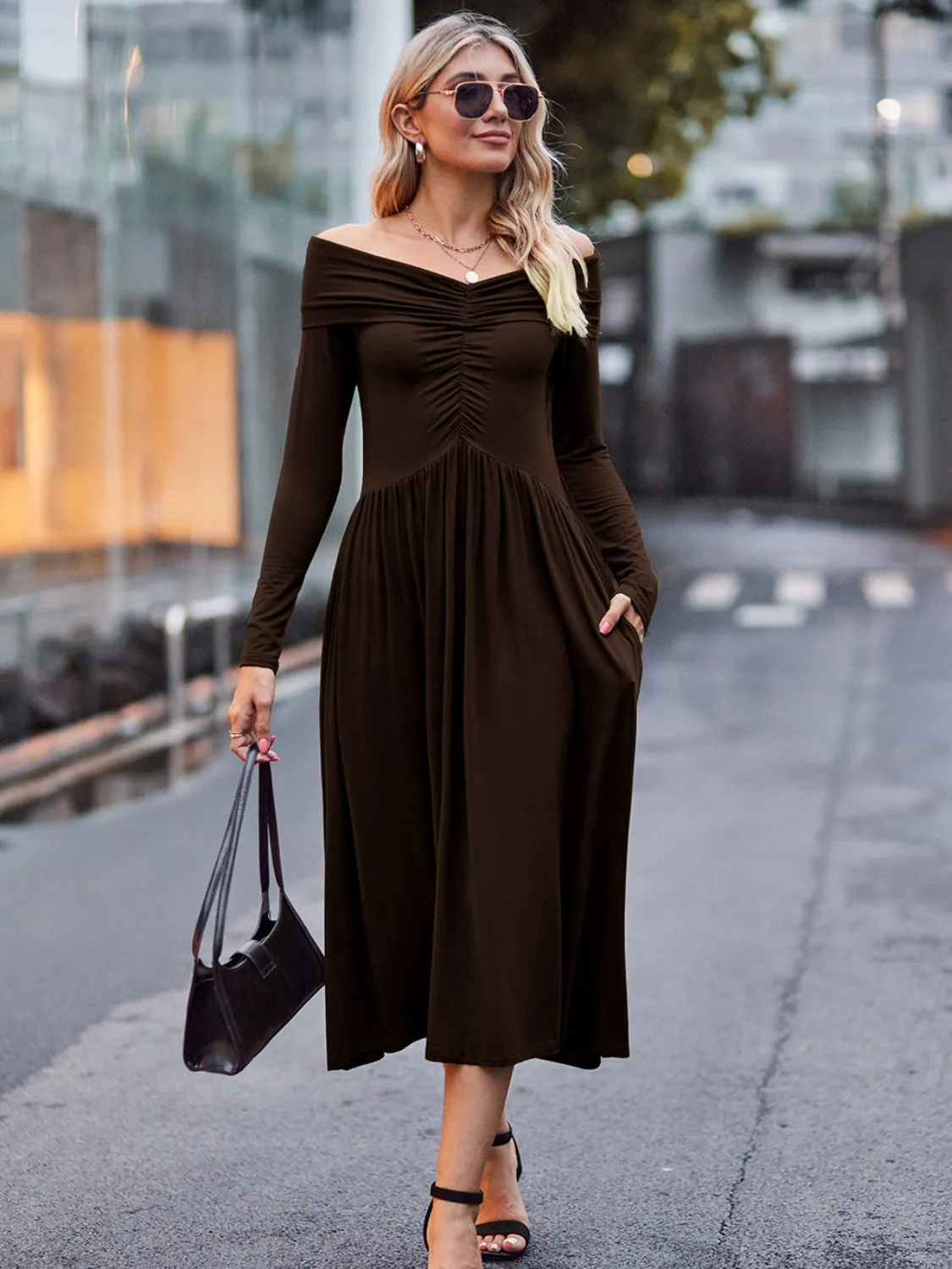 Affordable Cute Ruched Off-Shoulder Midi Dress - Perfect for Homecoming, Snowcoming 2024, or Hoco Stylish and Budget-Friendly Look for Special Occasions