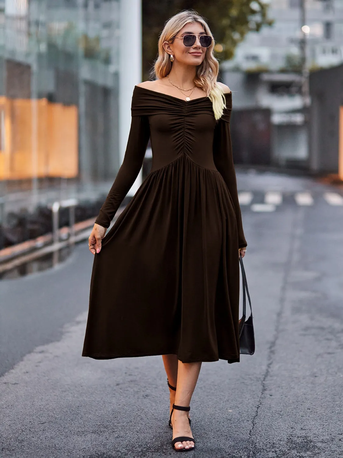 Affordable Cute Ruched Off-Shoulder Midi Dress - Perfect for Homecoming, Snowcoming 2024, or Hoco Stylish and Budget-Friendly Look for Special Occasions