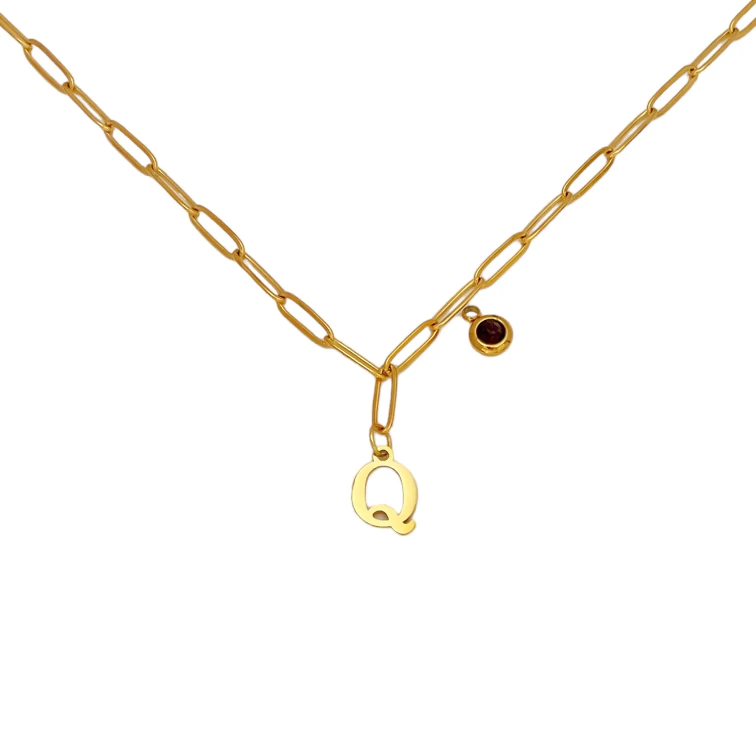 Alphabet Birthstone Paperclip Necklace Gold (O-U)