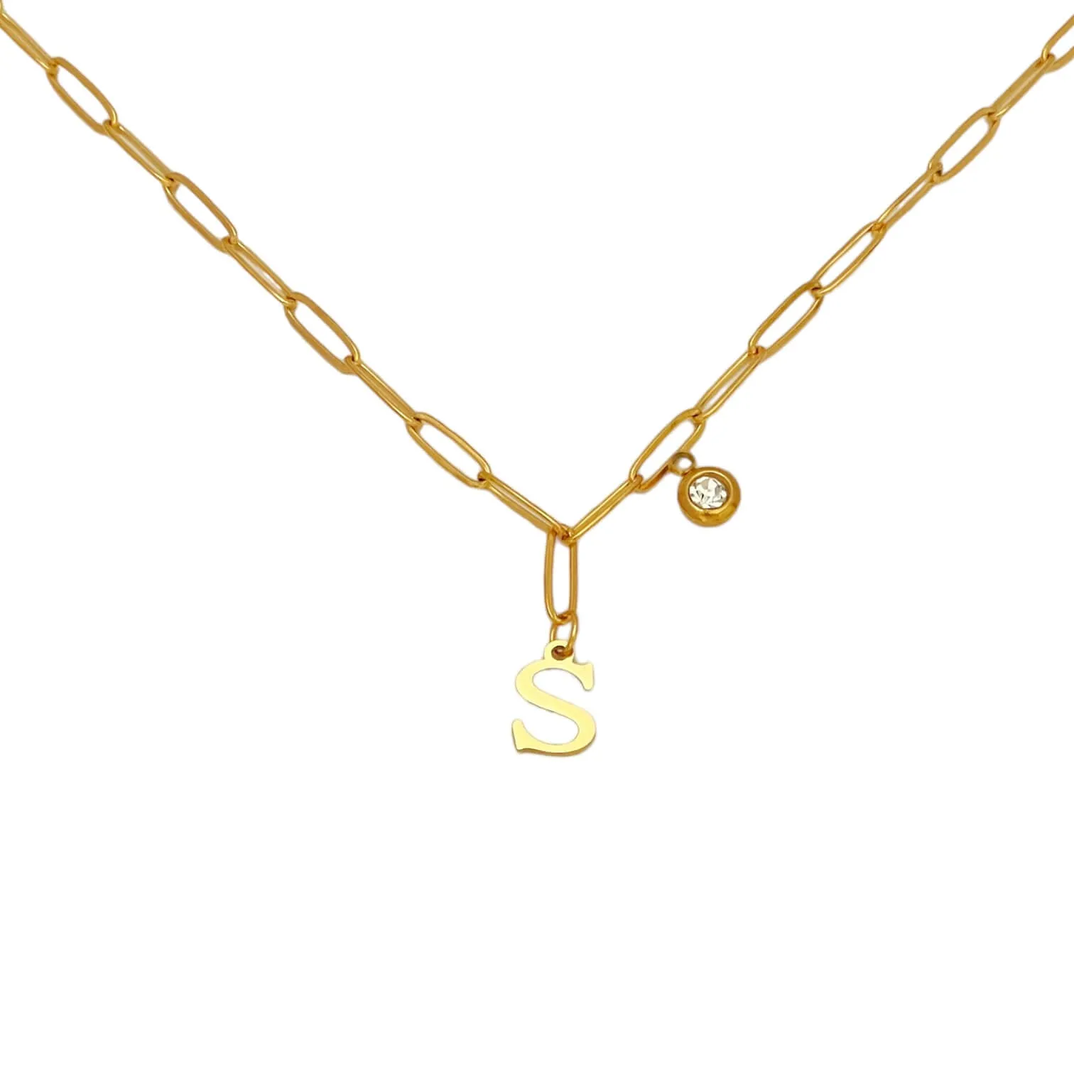 Alphabet Birthstone Paperclip Necklace Gold (O-U)