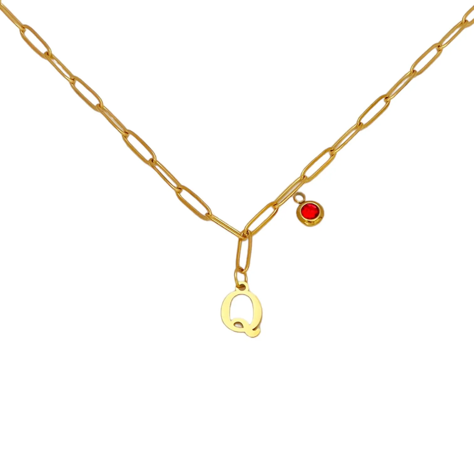 Alphabet Birthstone Paperclip Necklace Gold (O-U)