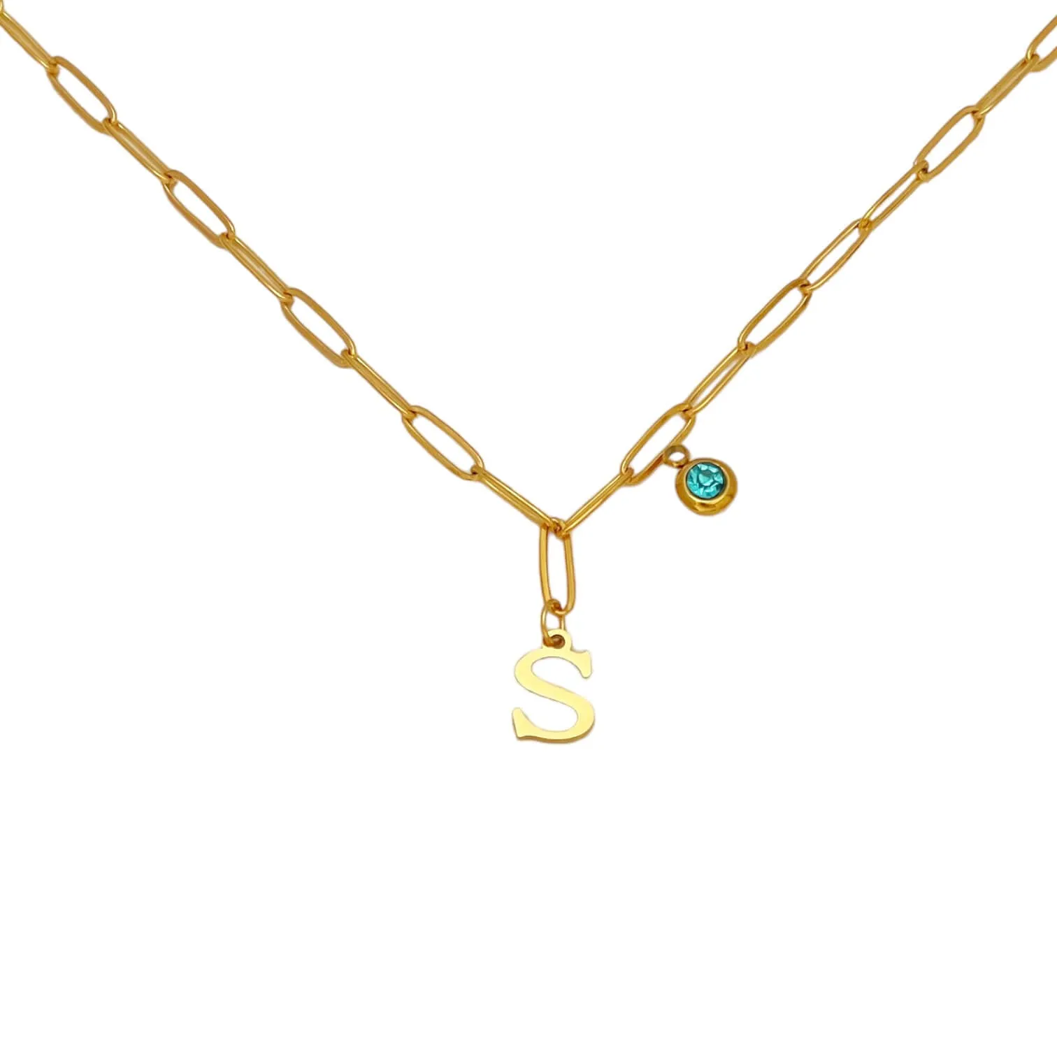 Alphabet Birthstone Paperclip Necklace Gold (O-U)