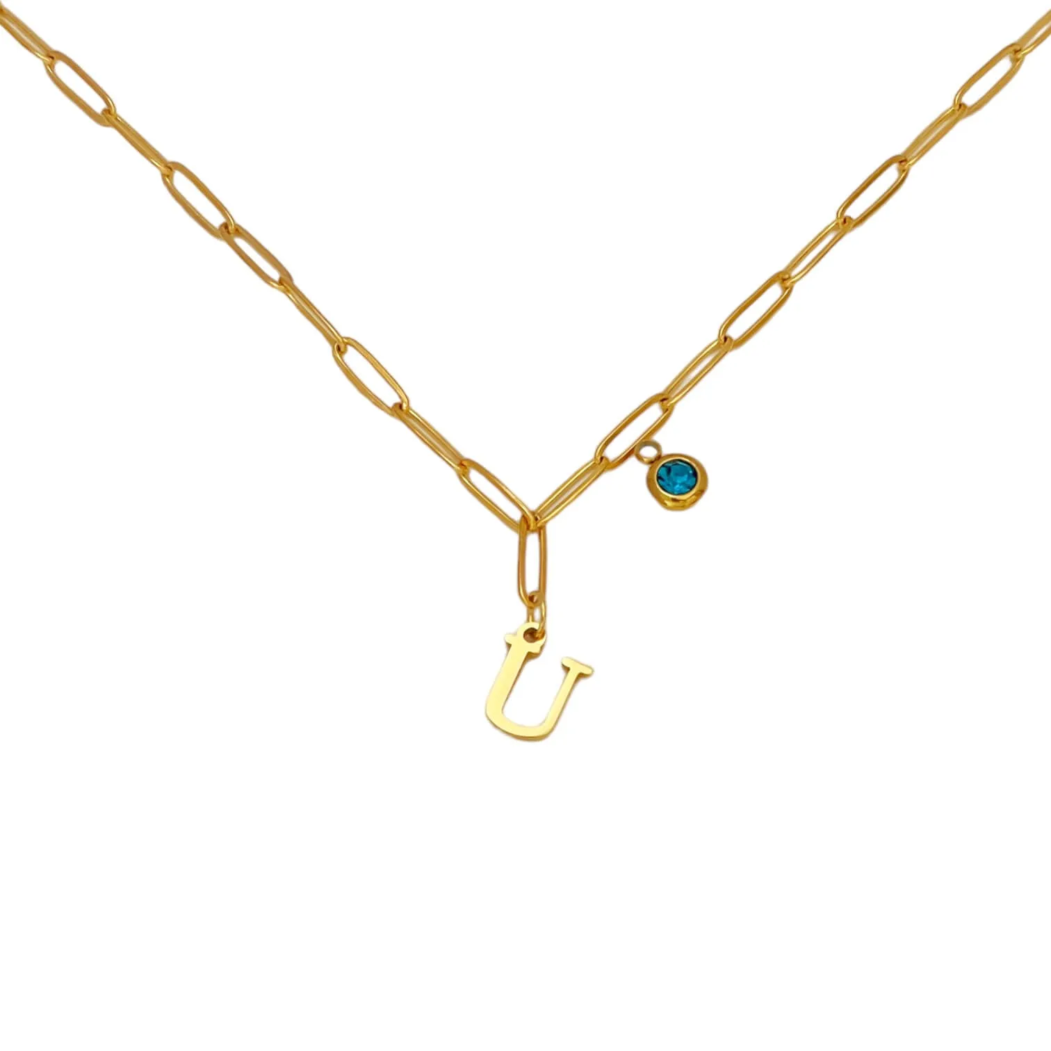 Alphabet Birthstone Paperclip Necklace Gold (O-U)