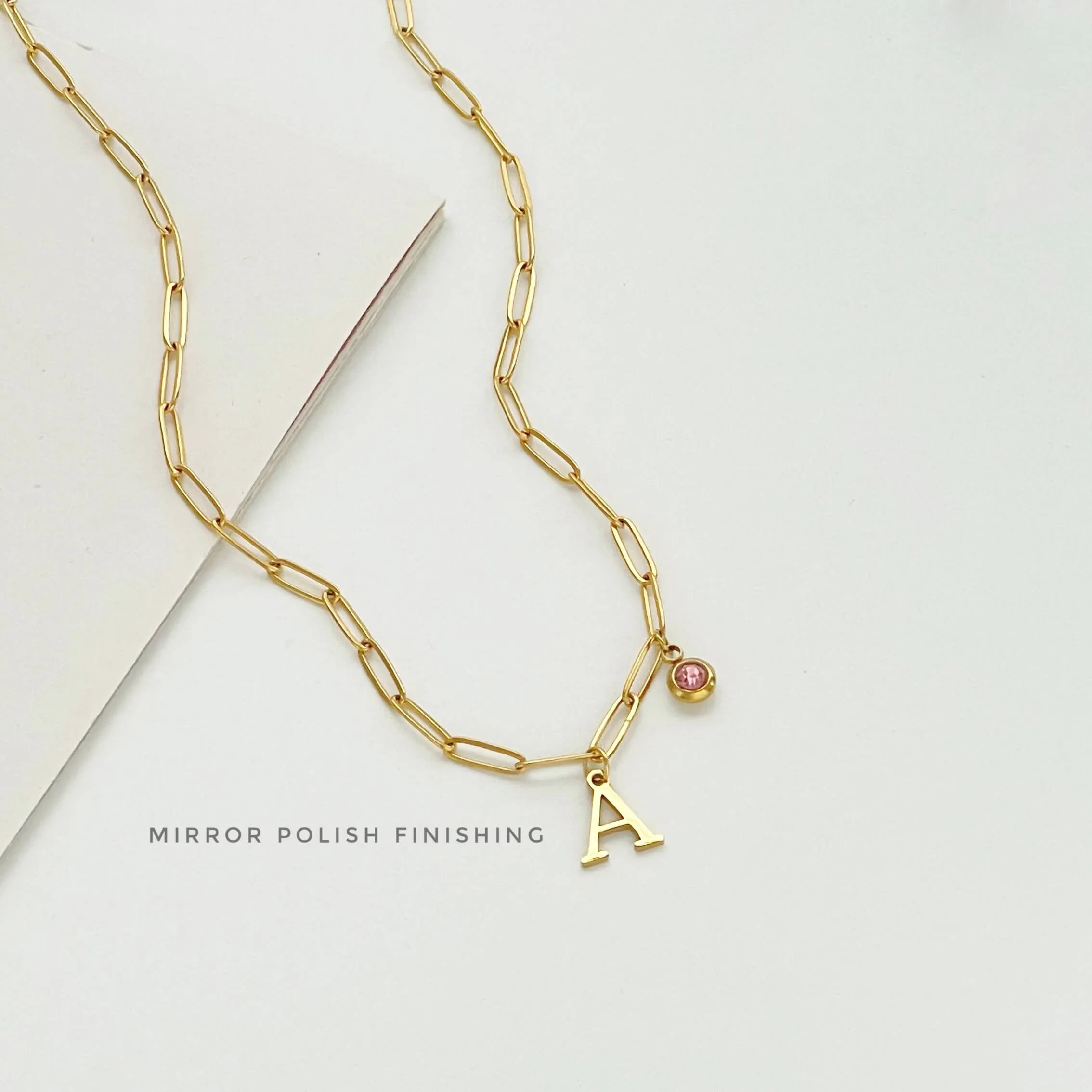 Alphabet Birthstone Paperclip Necklace Gold (O-U)