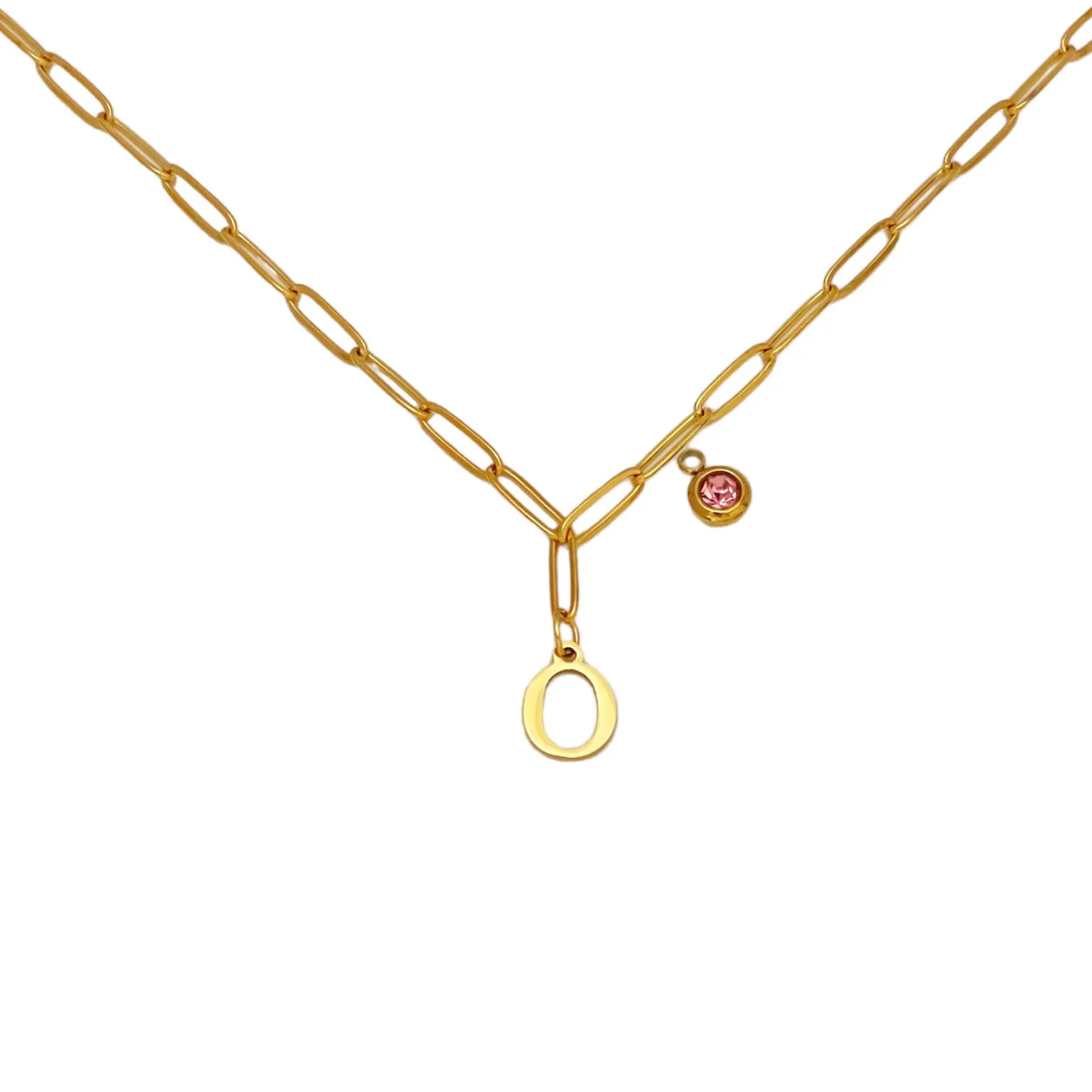 Alphabet Birthstone Paperclip Necklace Gold (O-U)