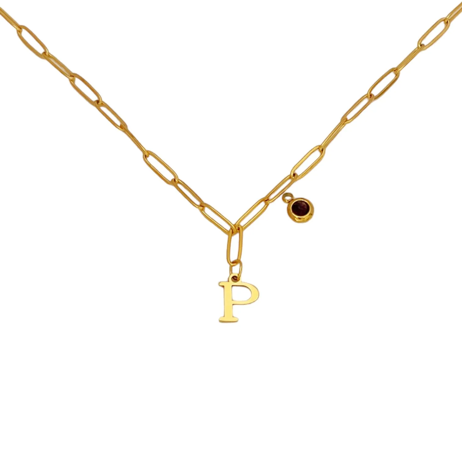 Alphabet Birthstone Paperclip Necklace Gold (O-U)