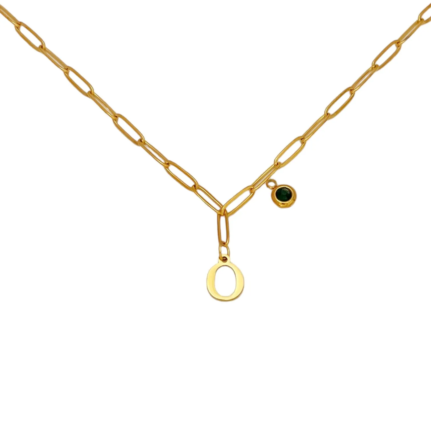 Alphabet Birthstone Paperclip Necklace Gold (O-U)