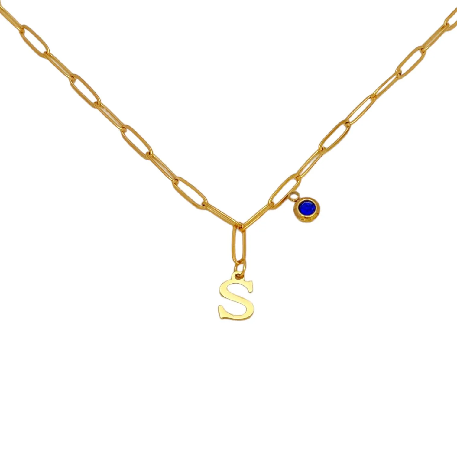 Alphabet Birthstone Paperclip Necklace Gold (O-U)