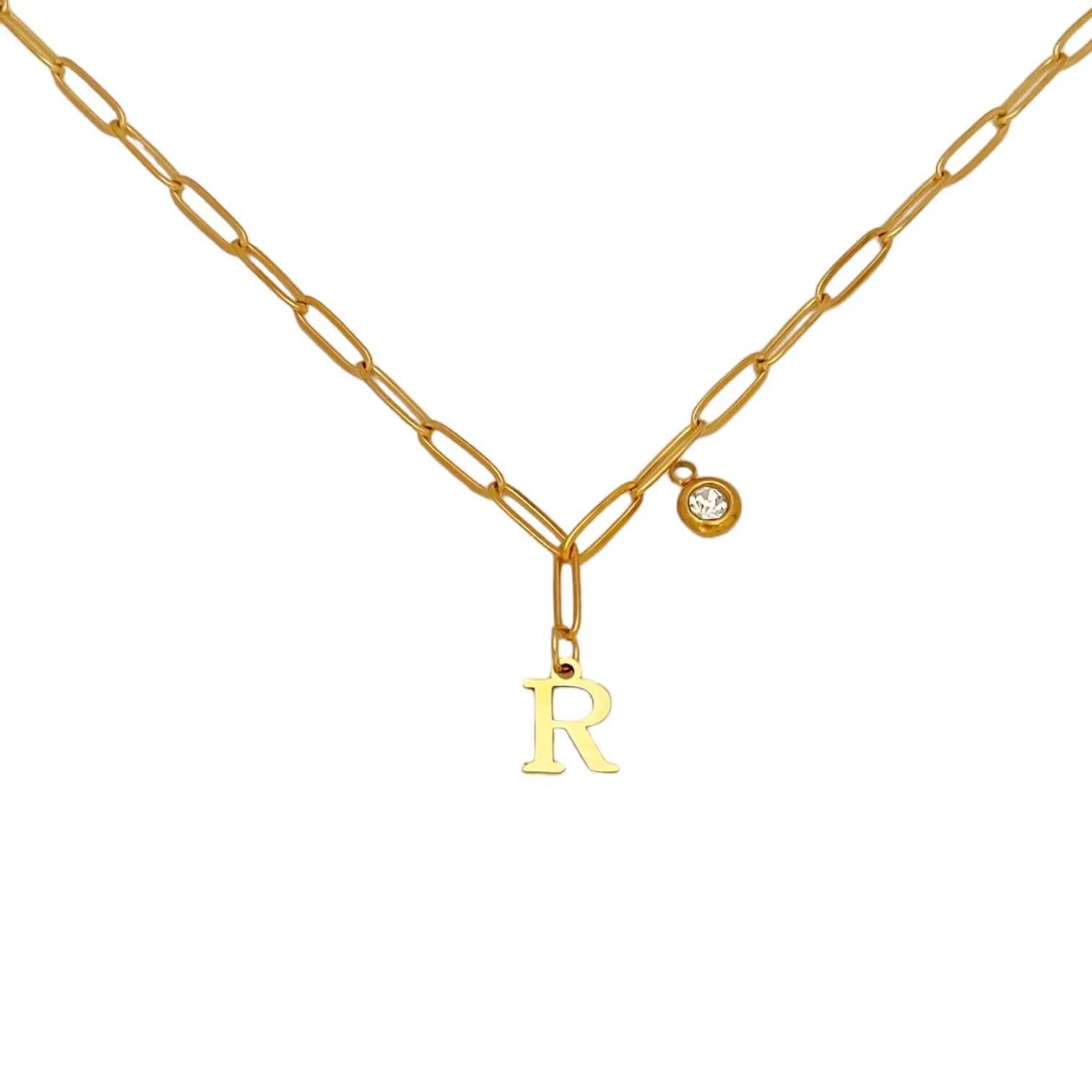 Alphabet Birthstone Paperclip Necklace Gold (O-U)