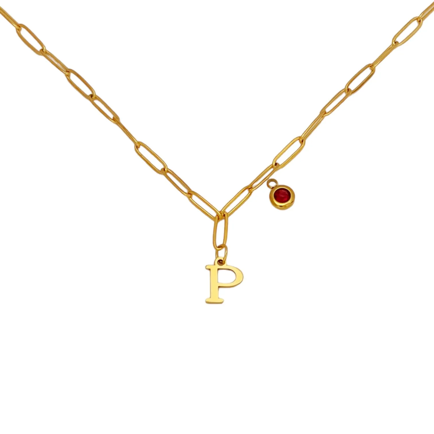 Alphabet Birthstone Paperclip Necklace Gold (O-U)