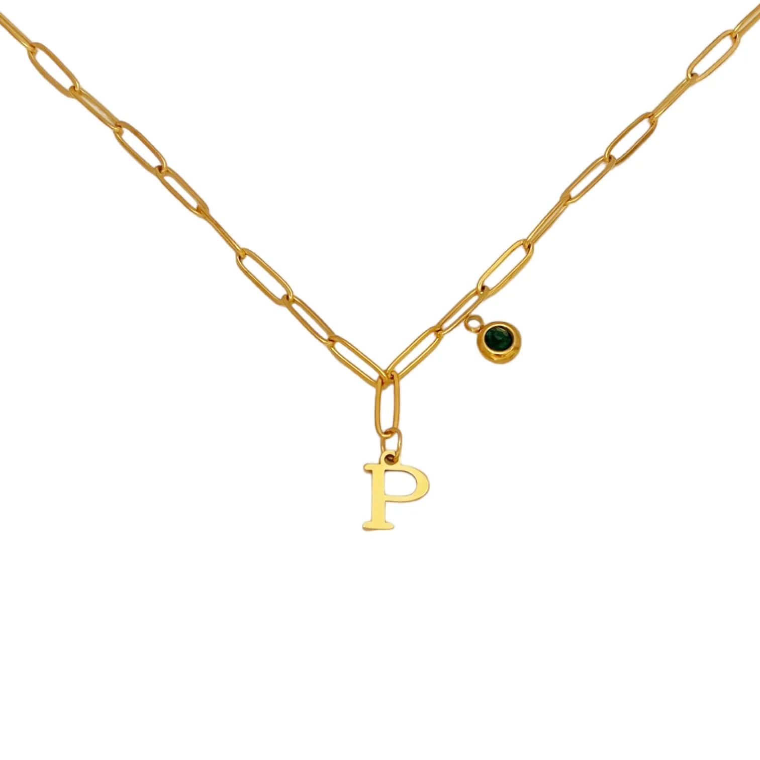 Alphabet Birthstone Paperclip Necklace Gold (O-U)