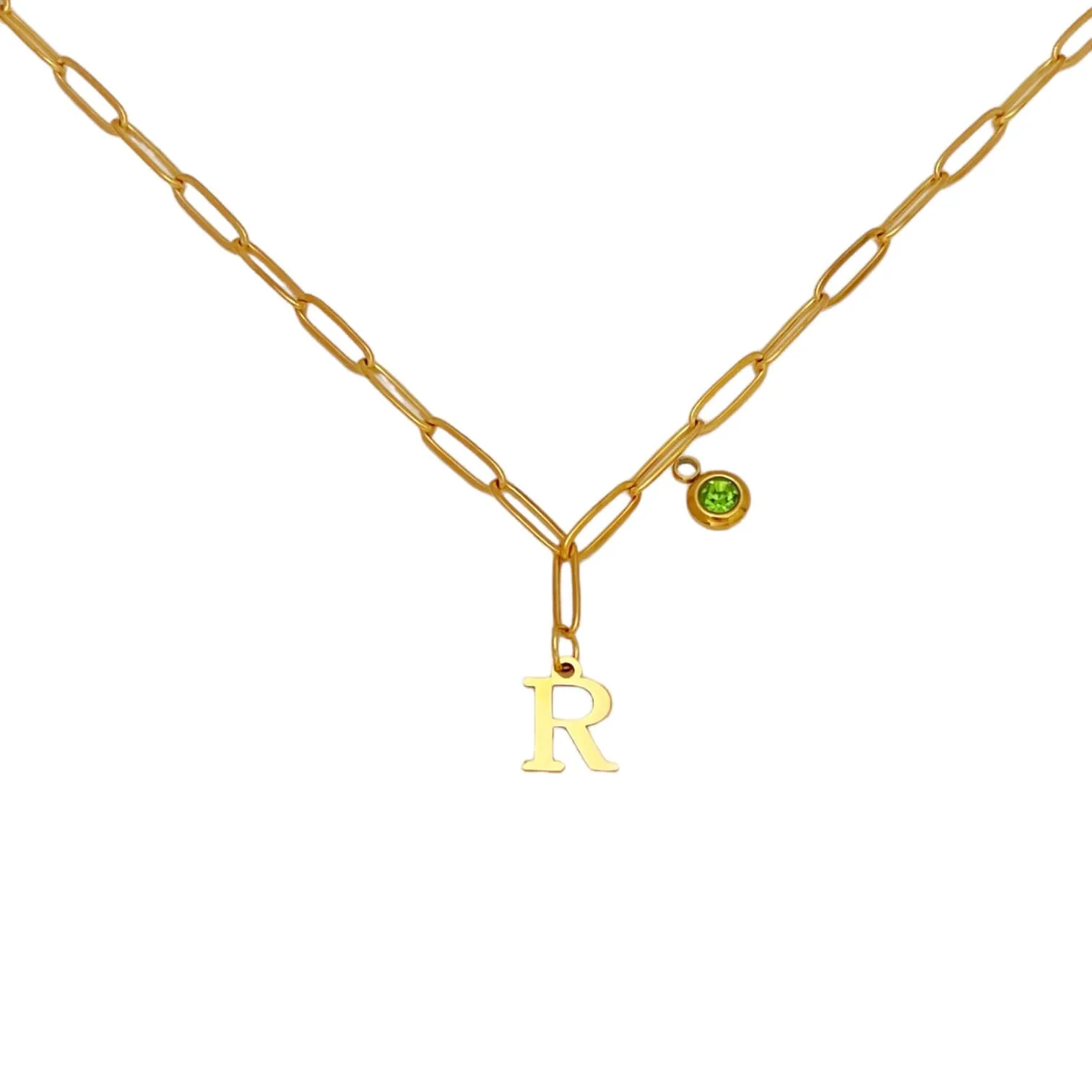 Alphabet Birthstone Paperclip Necklace Gold (O-U)