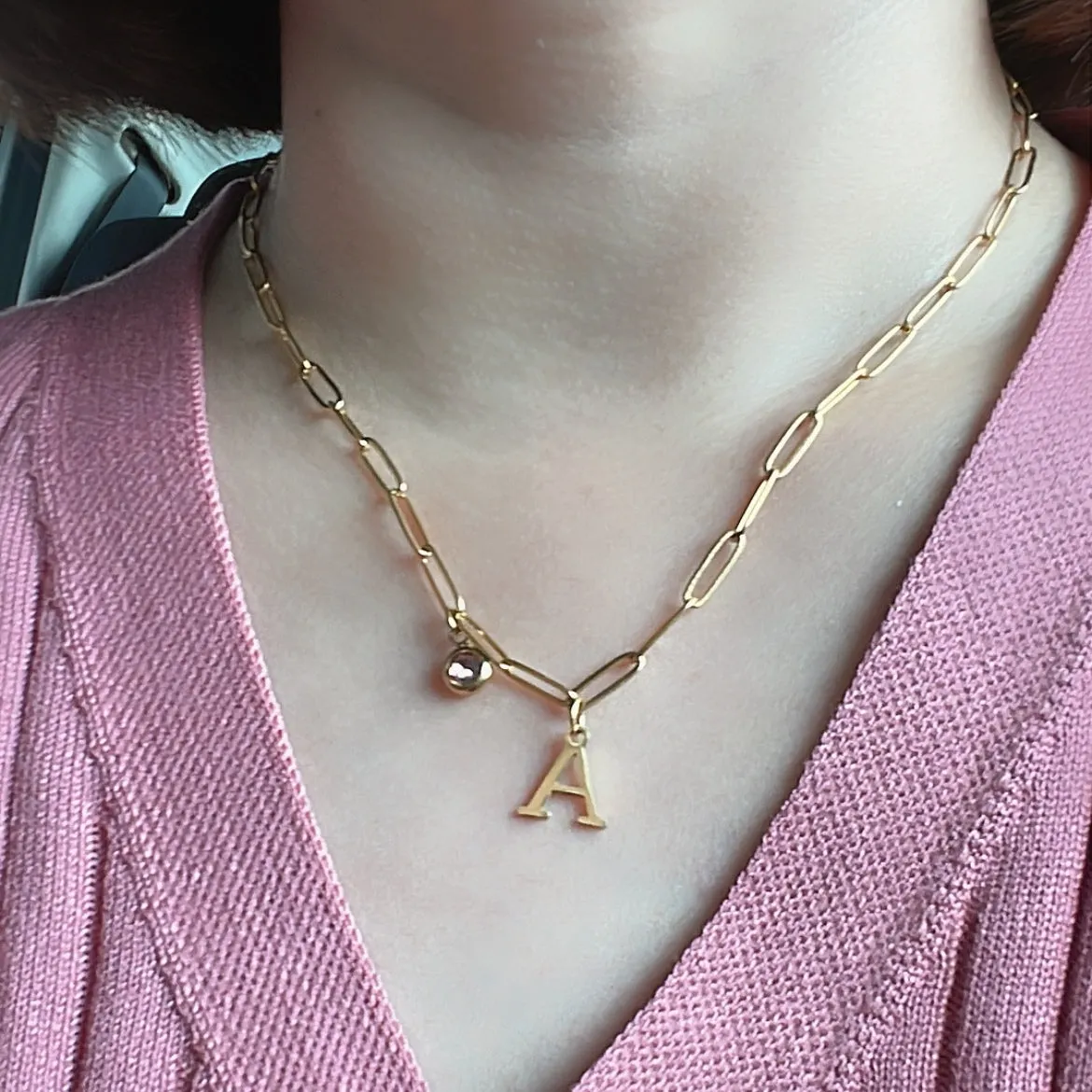 Alphabet Birthstone Paperclip Necklace Gold (O-U)