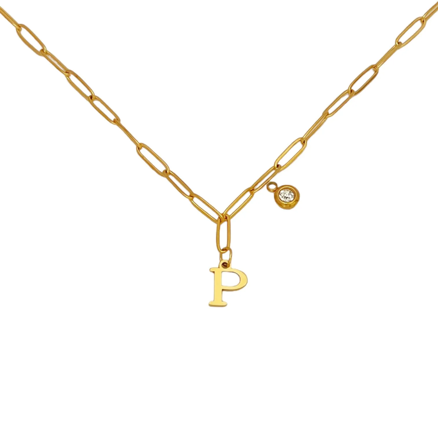 Alphabet Birthstone Paperclip Necklace Gold (O-U)