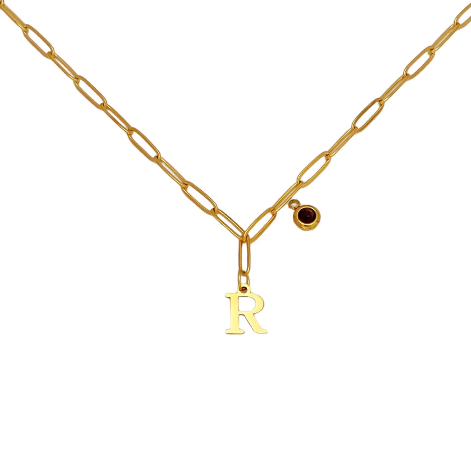 Alphabet Birthstone Paperclip Necklace Gold (O-U)