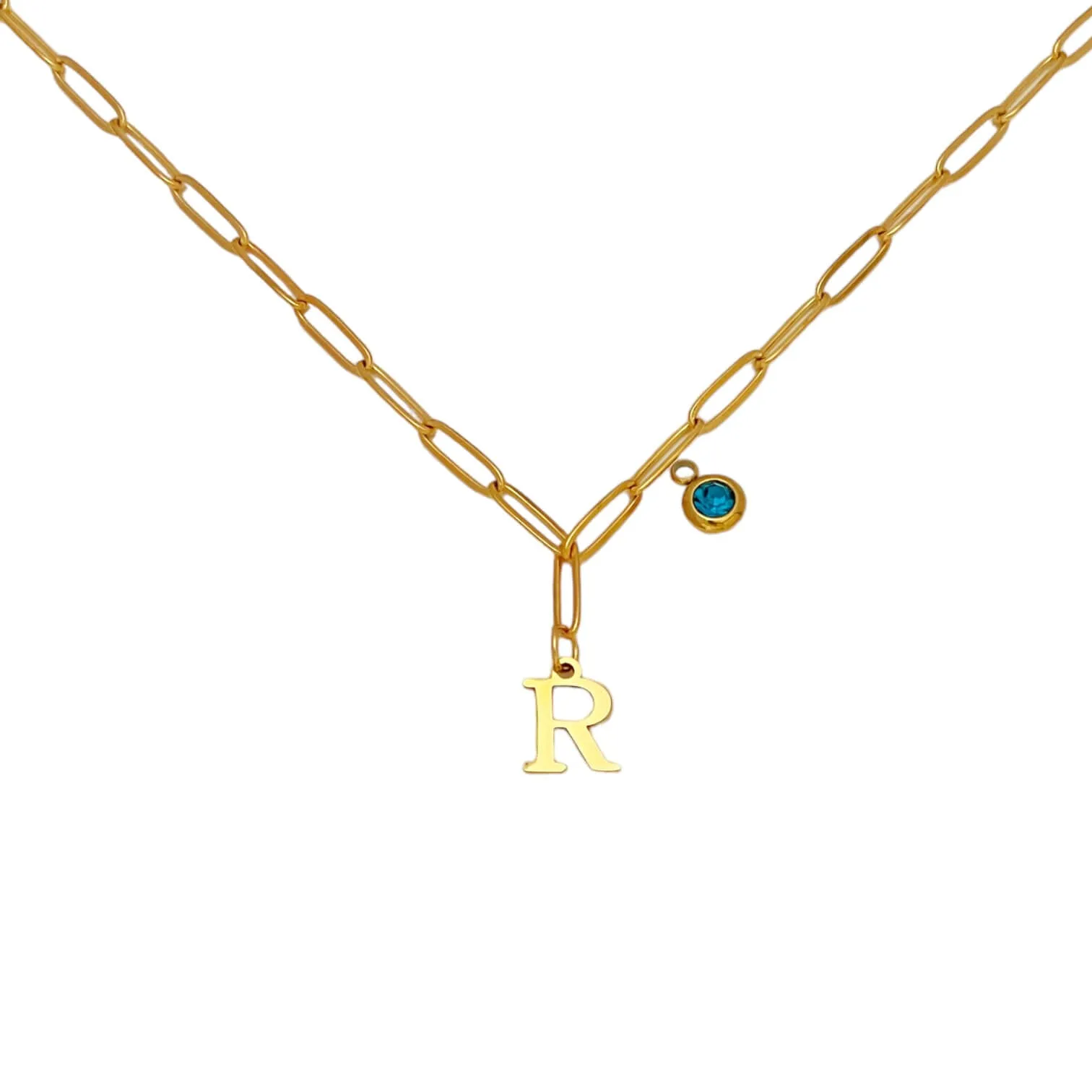 Alphabet Birthstone Paperclip Necklace Gold (O-U)