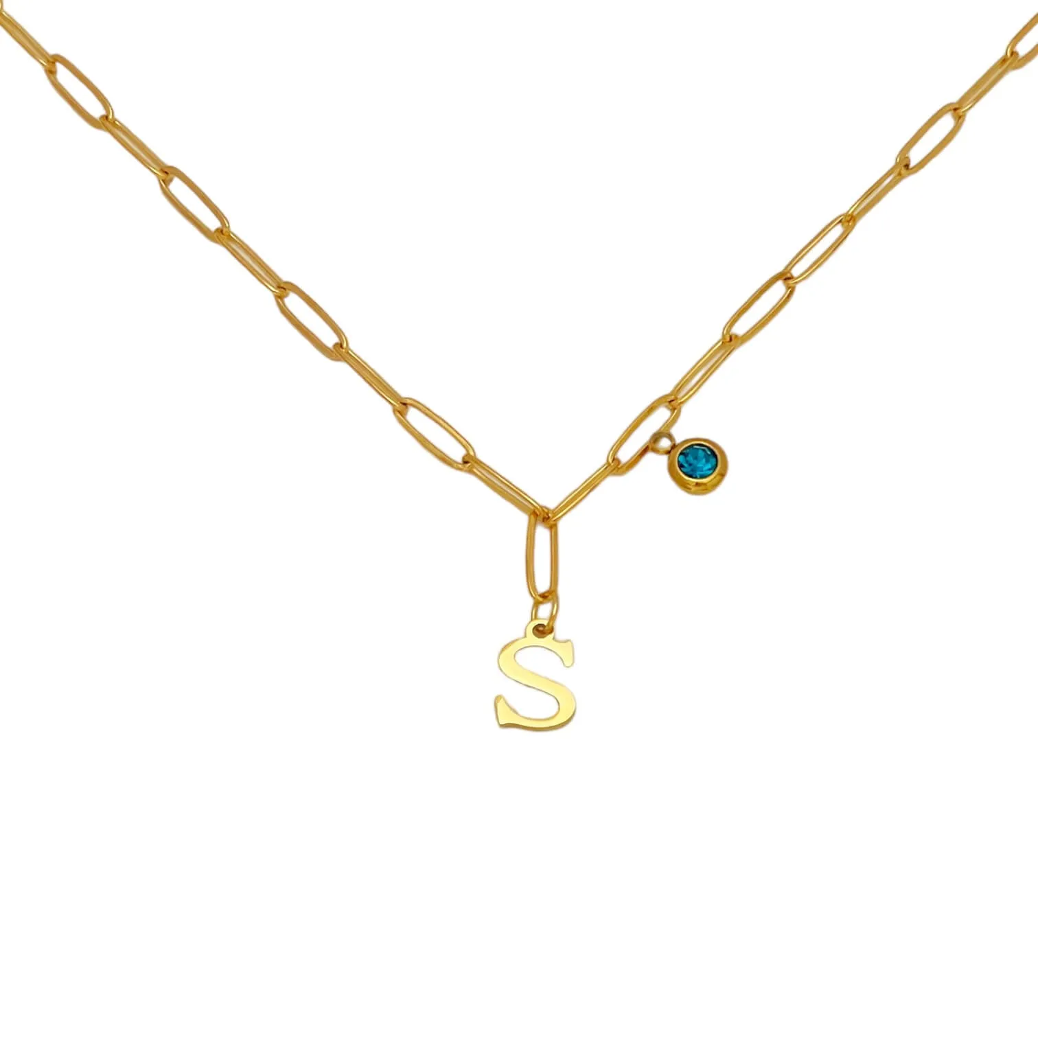 Alphabet Birthstone Paperclip Necklace Gold (O-U)