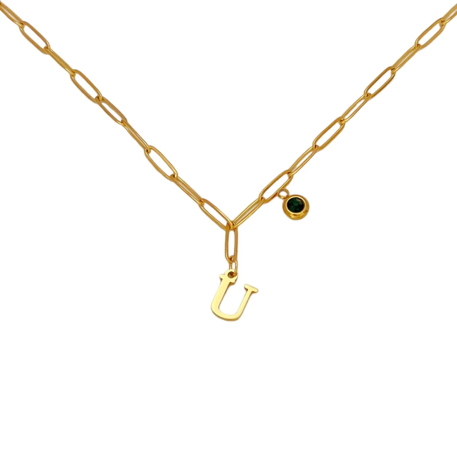 Alphabet Birthstone Paperclip Necklace Gold (O-U)