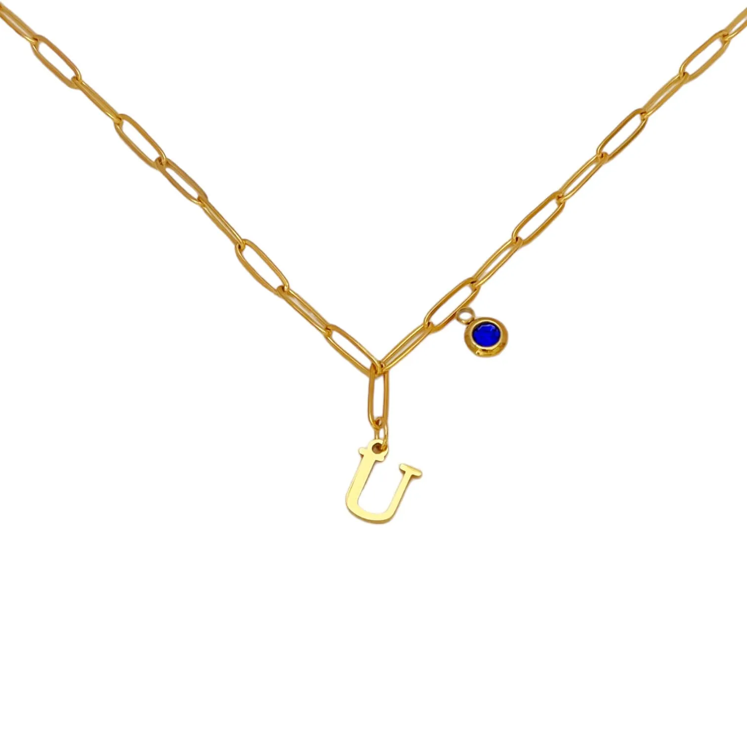 Alphabet Birthstone Paperclip Necklace Gold (O-U)