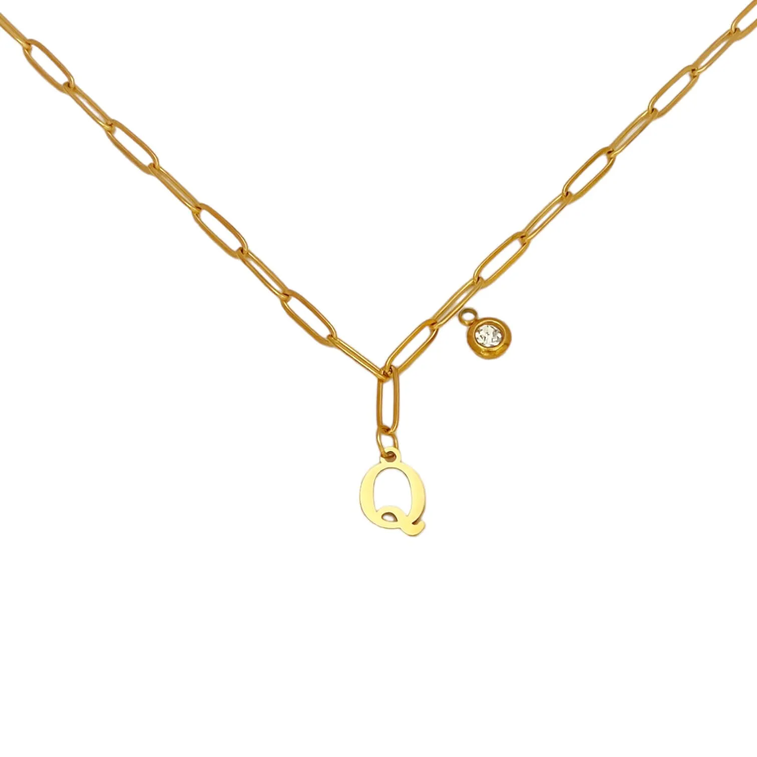 Alphabet Birthstone Paperclip Necklace Gold (O-U)