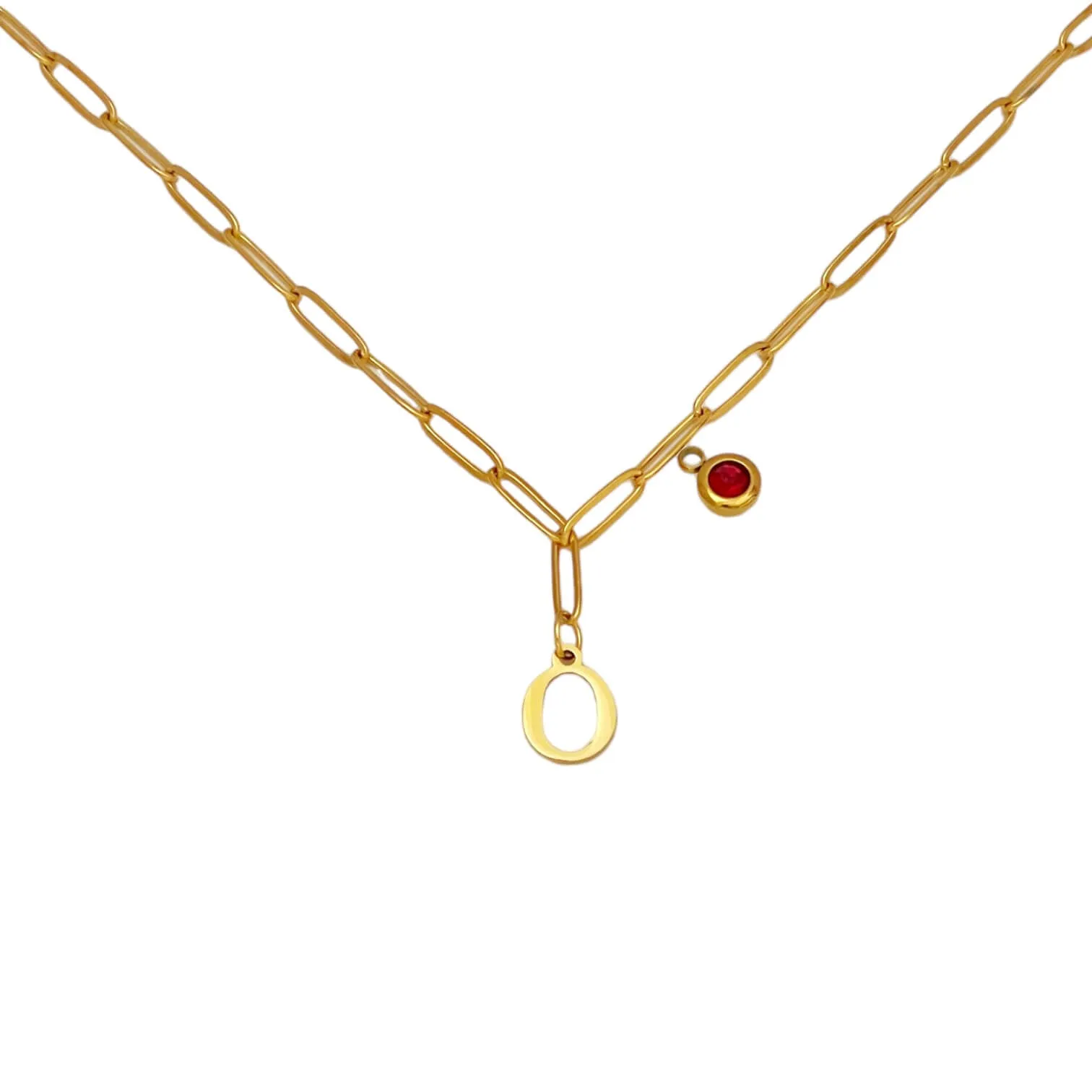 Alphabet Birthstone Paperclip Necklace Gold (O-U)