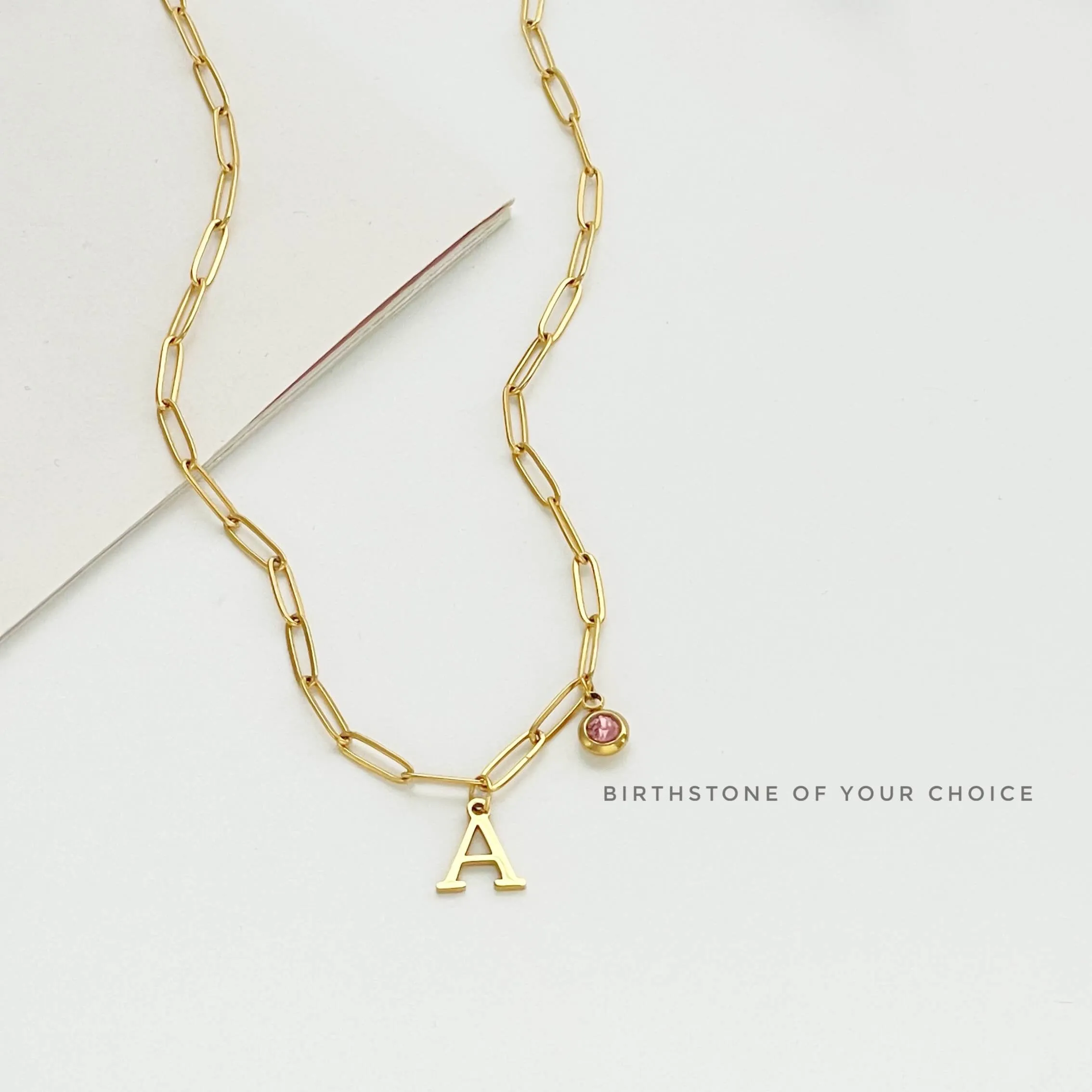 Alphabet Birthstone Paperclip Necklace Gold (O-U)