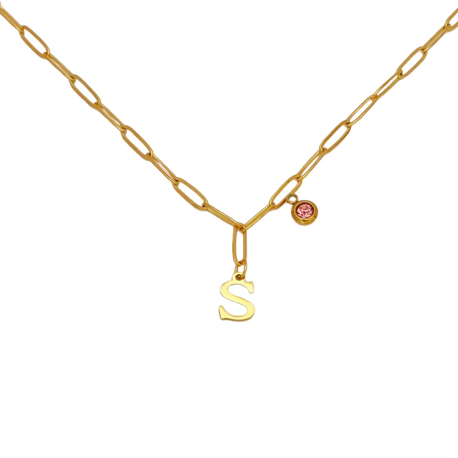 Alphabet Birthstone Paperclip Necklace Gold (O-U)