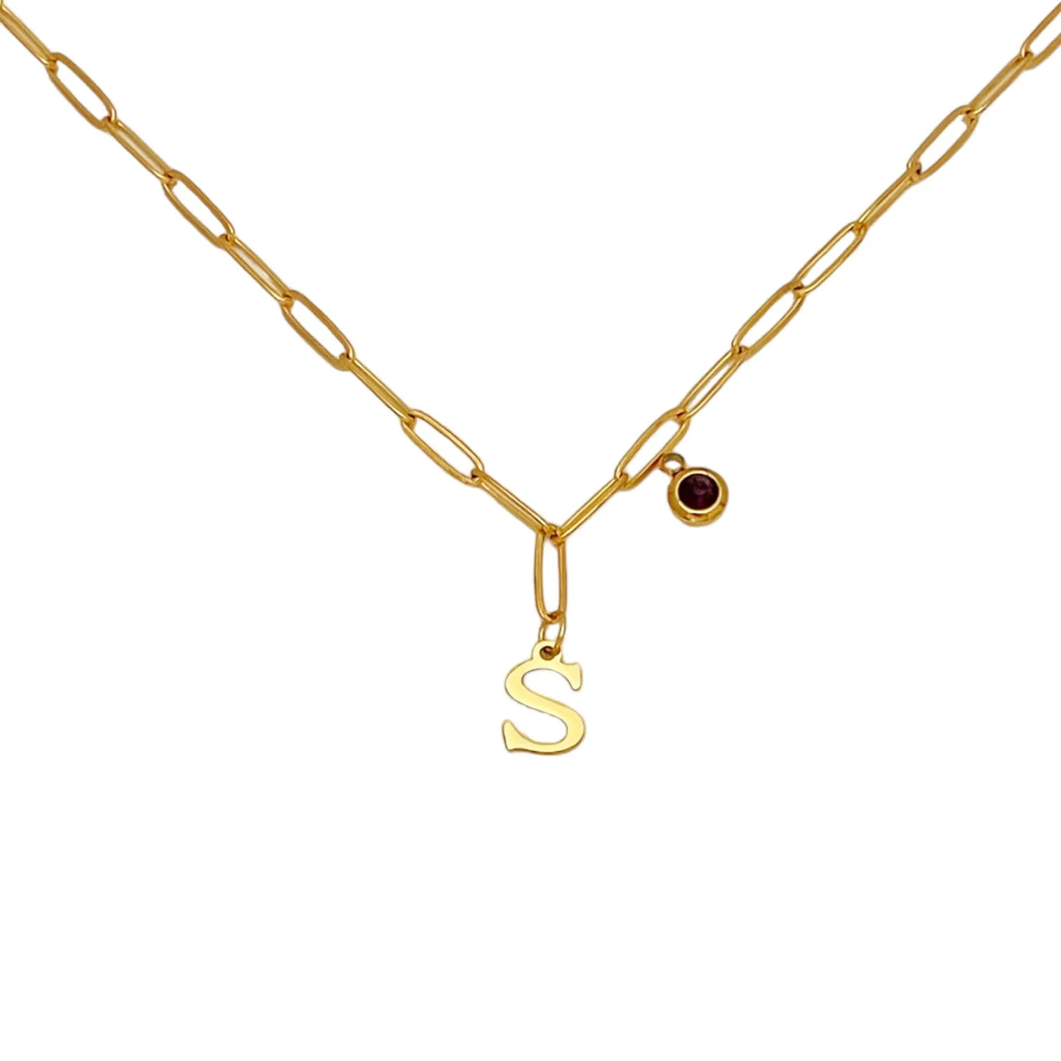 Alphabet Birthstone Paperclip Necklace Gold (O-U)