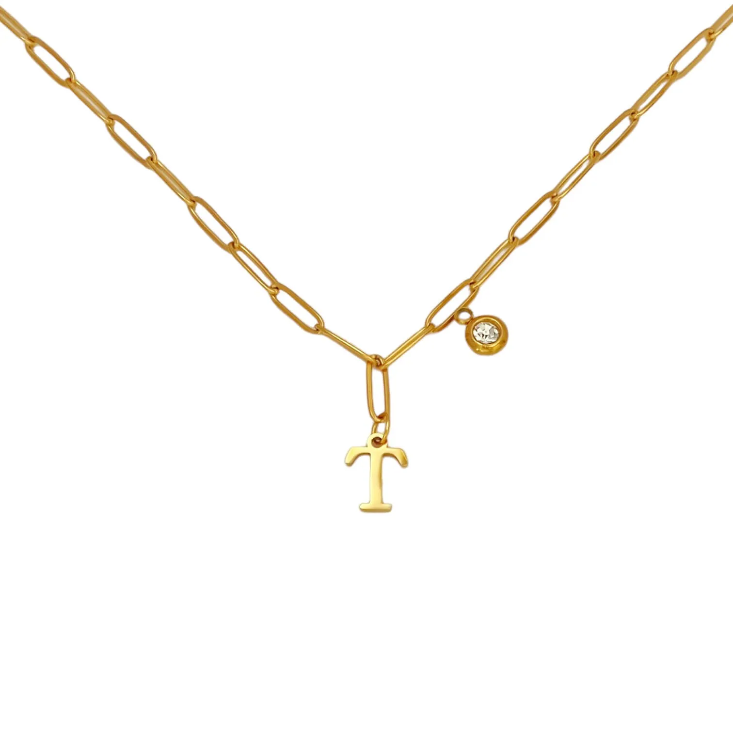 Alphabet Birthstone Paperclip Necklace Gold (O-U)