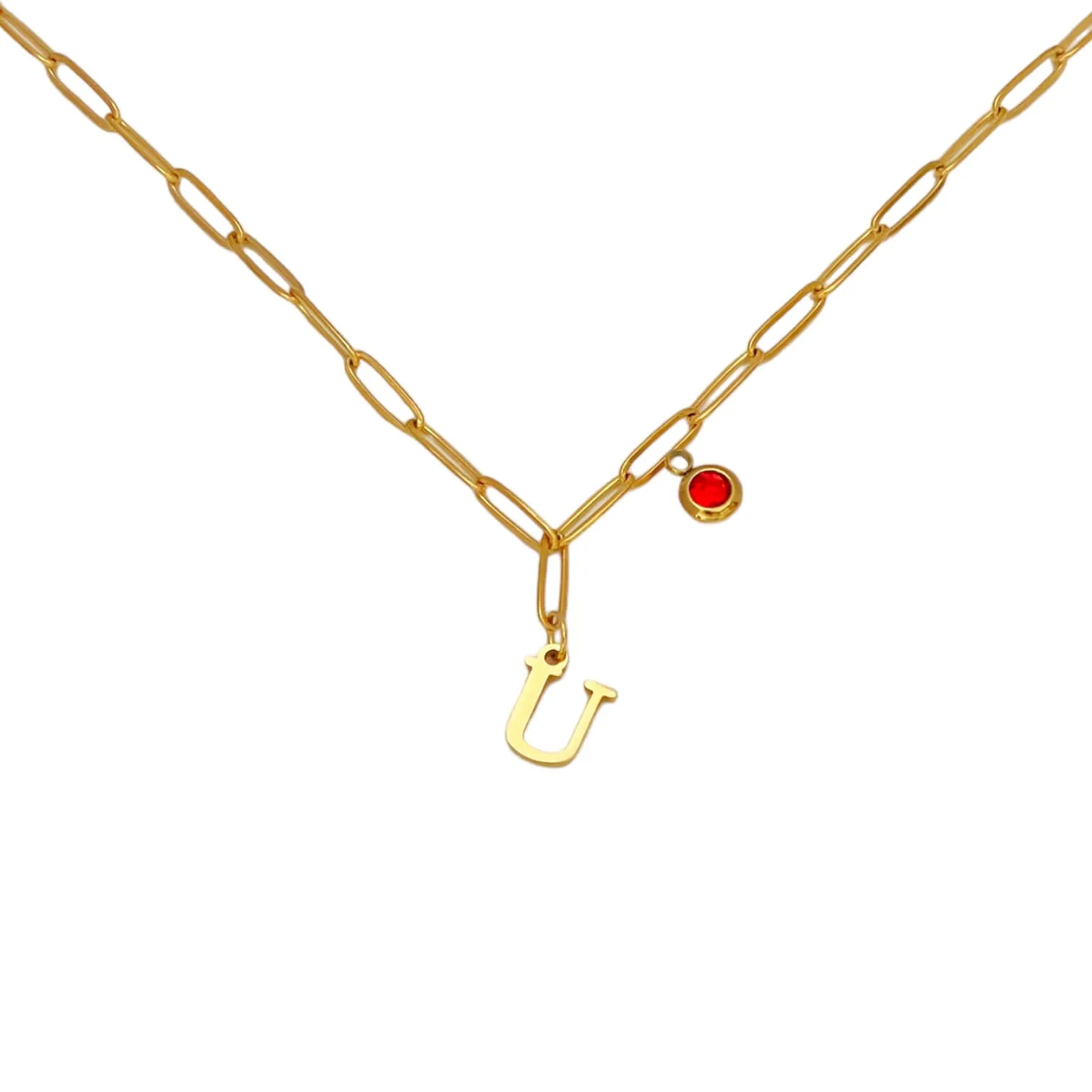 Alphabet Birthstone Paperclip Necklace Gold (O-U)