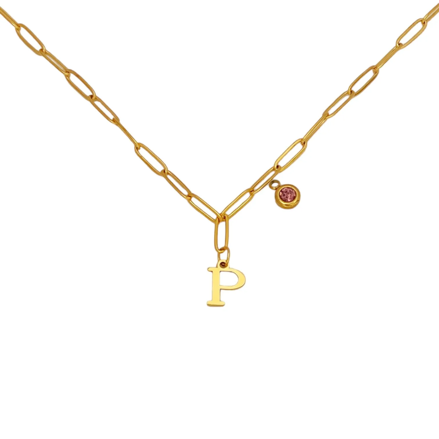 Alphabet Birthstone Paperclip Necklace Gold (O-U)