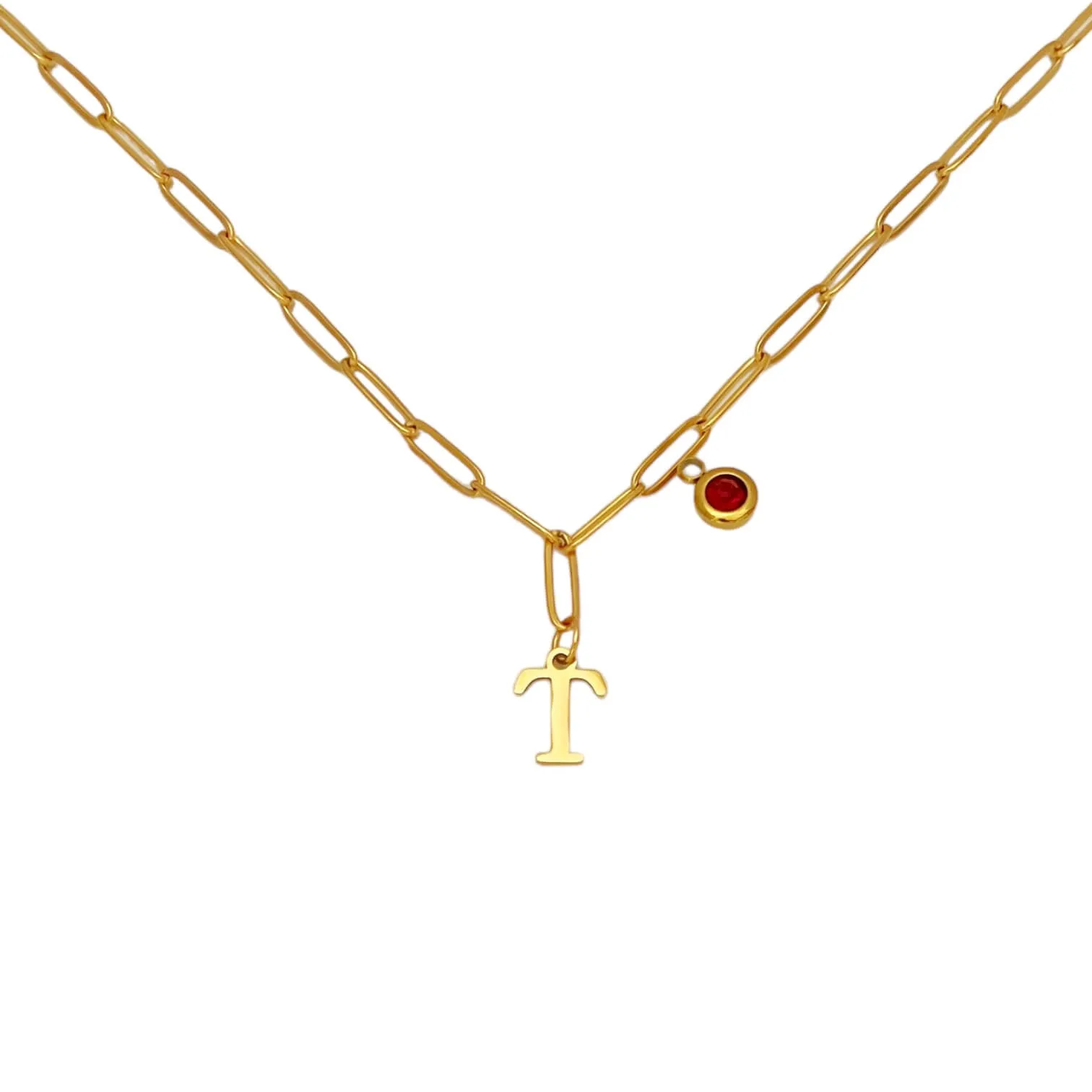 Alphabet Birthstone Paperclip Necklace Gold (O-U)