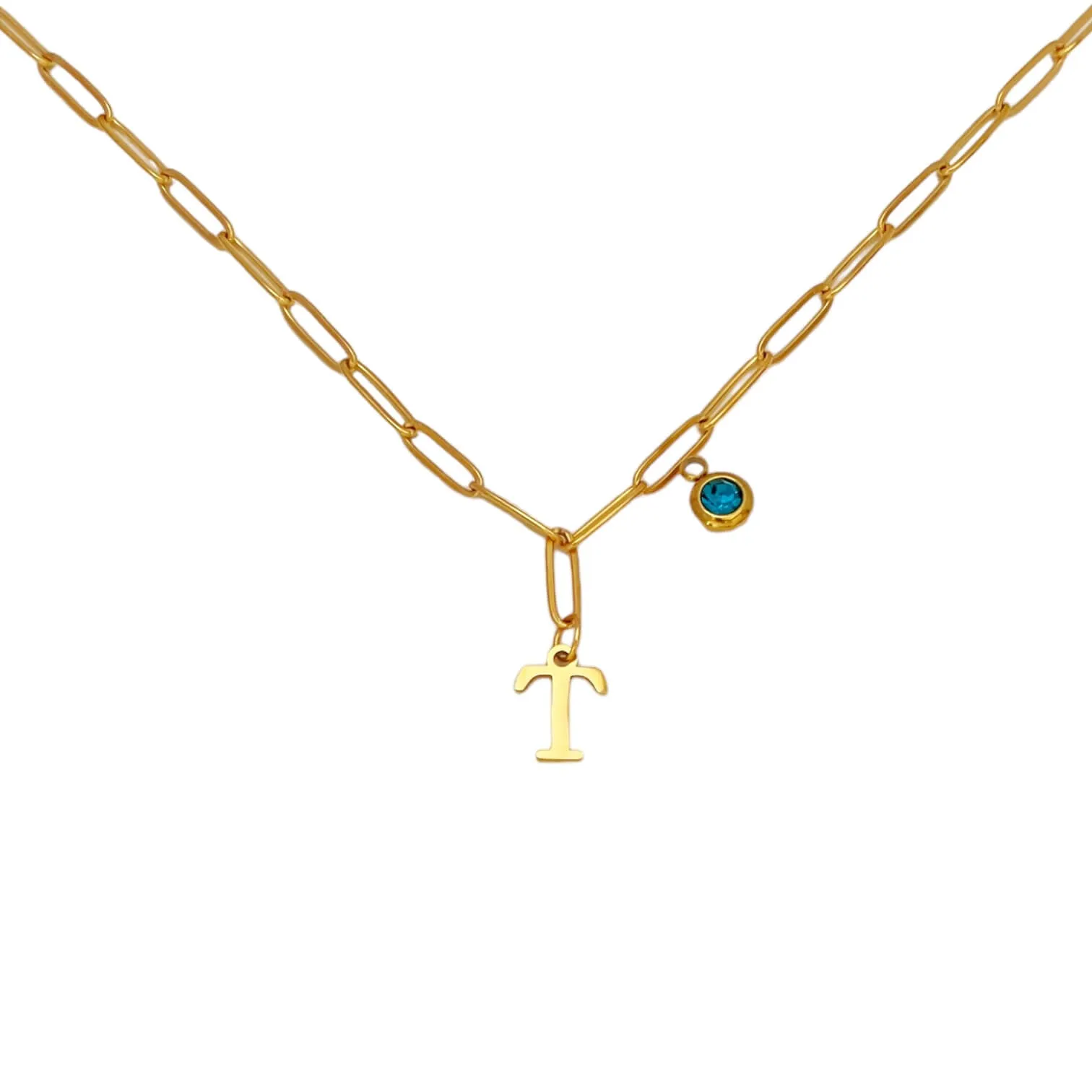 Alphabet Birthstone Paperclip Necklace Gold (O-U)