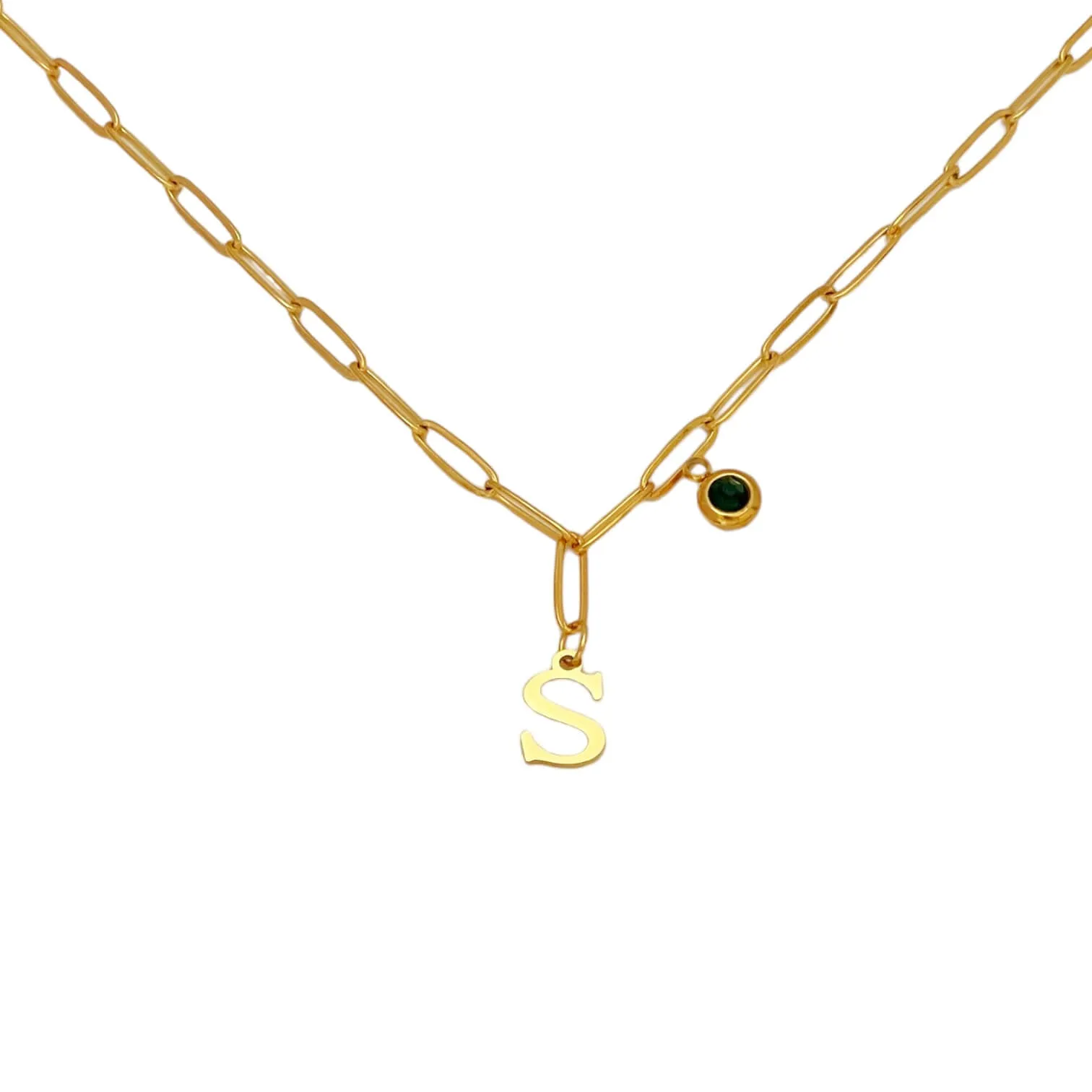 Alphabet Birthstone Paperclip Necklace Gold (O-U)