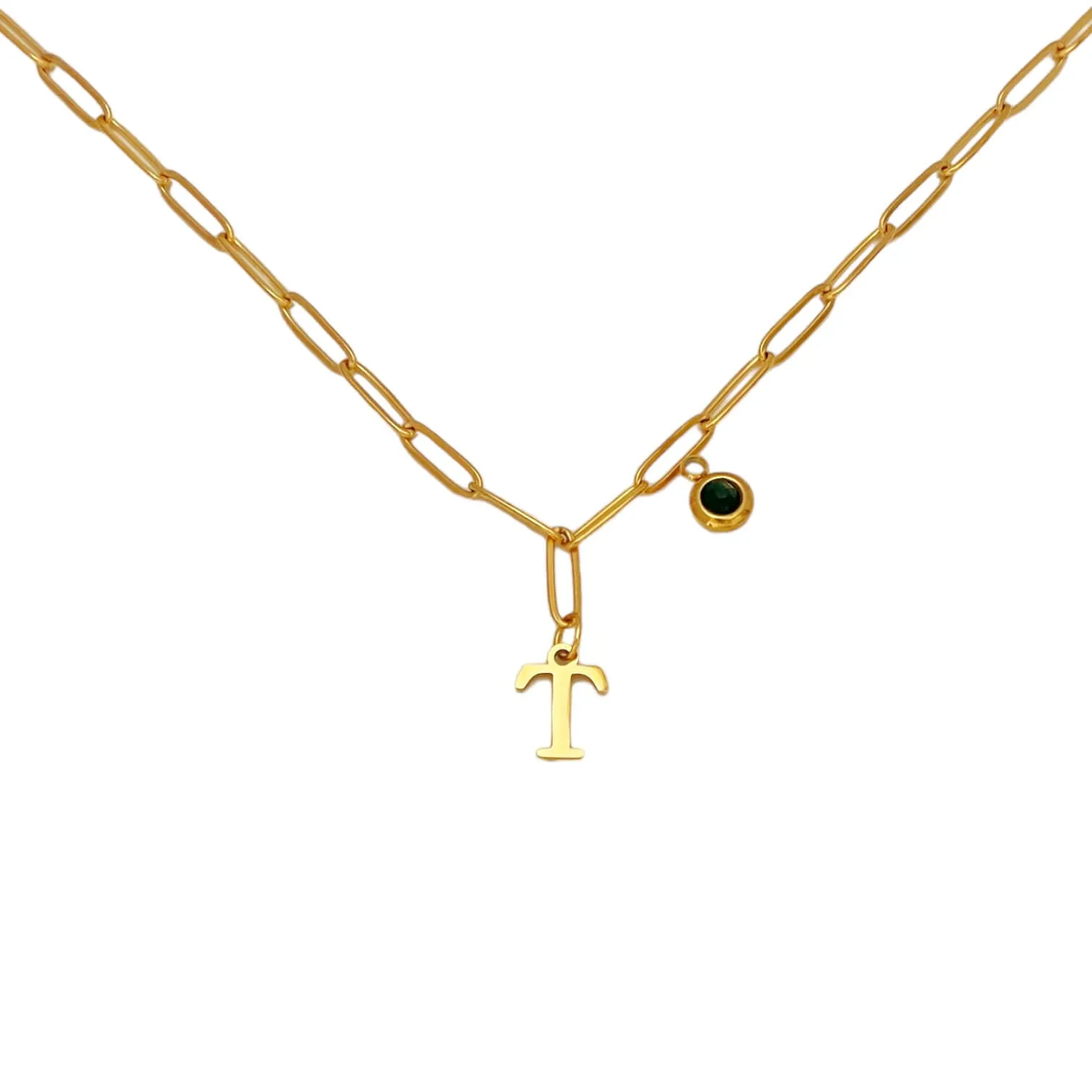 Alphabet Birthstone Paperclip Necklace Gold (O-U)