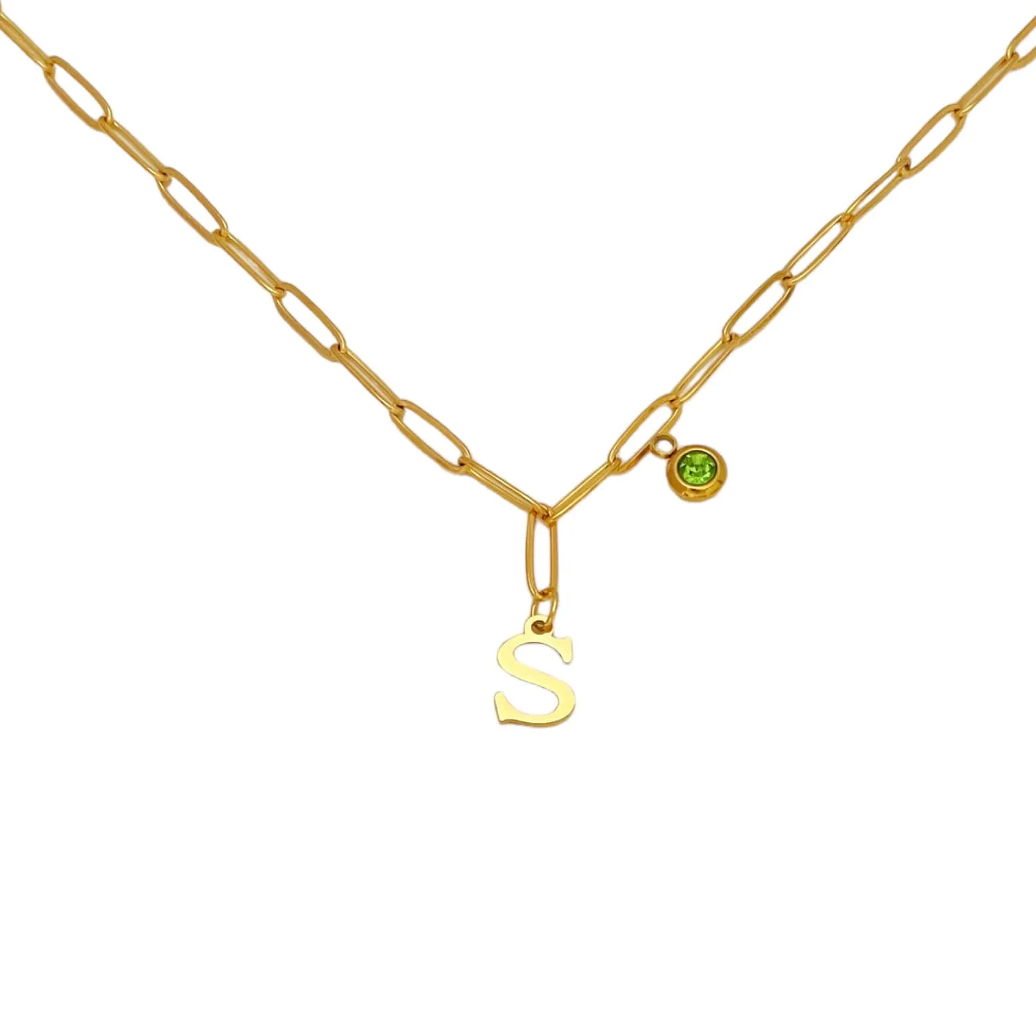 Alphabet Birthstone Paperclip Necklace Gold (O-U)