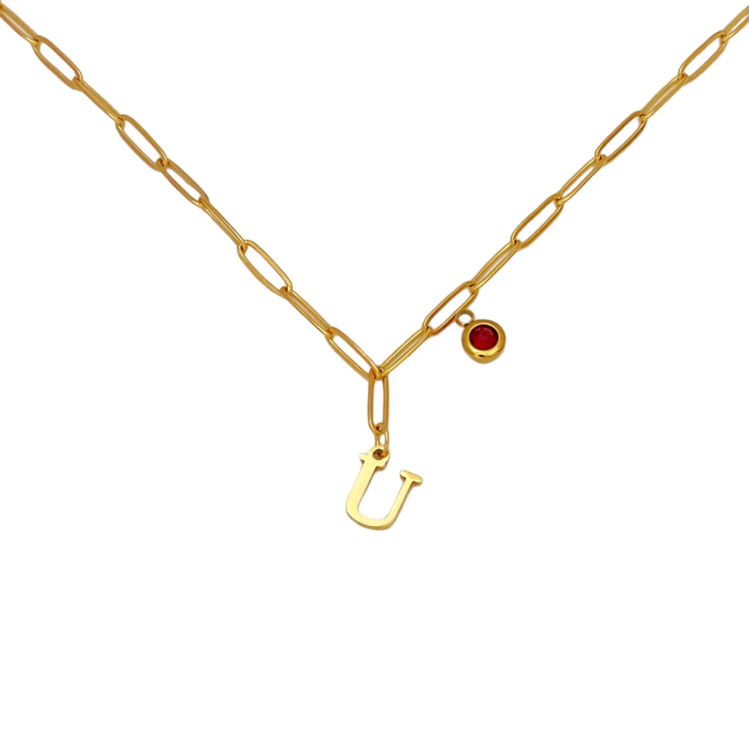 Alphabet Birthstone Paperclip Necklace Gold (O-U)