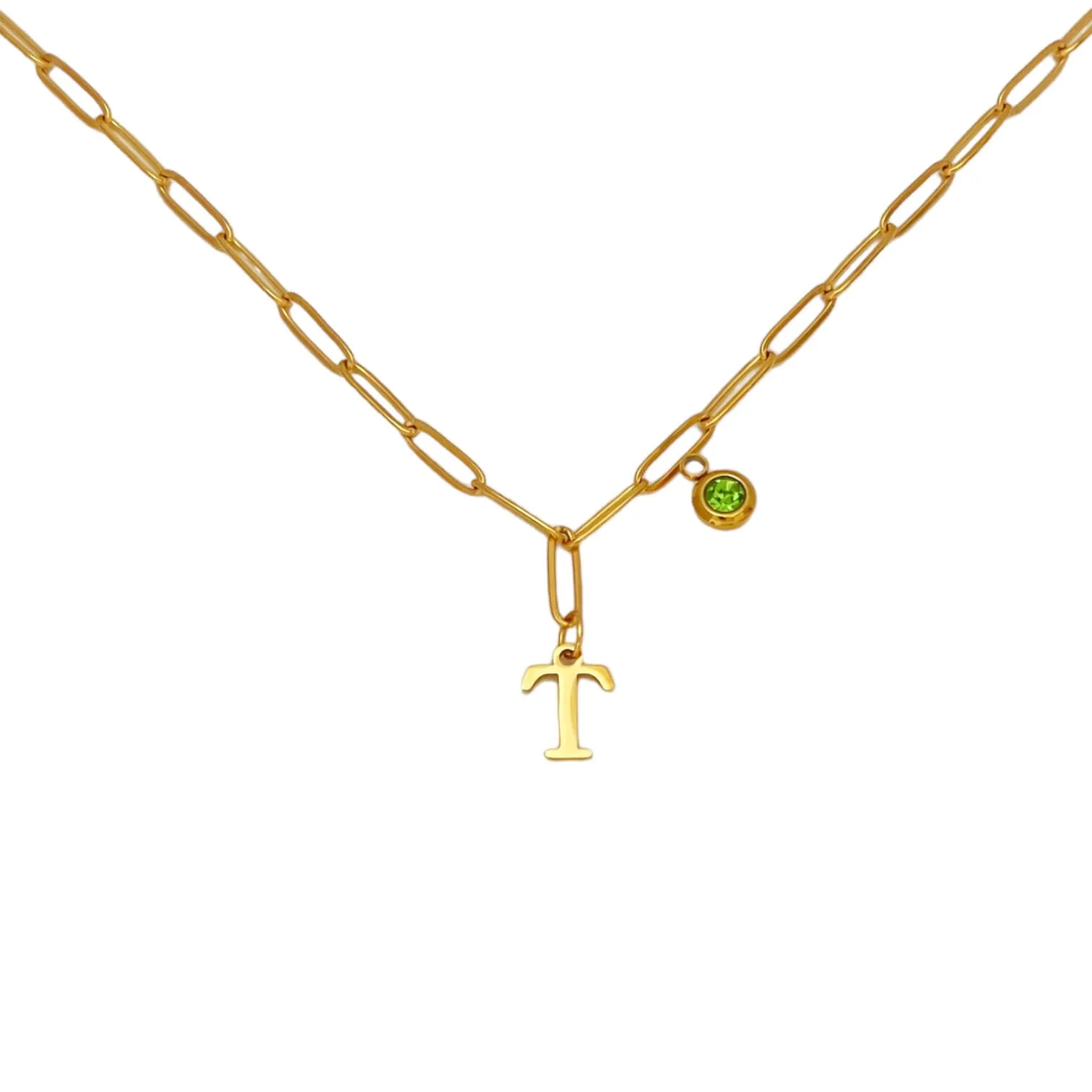 Alphabet Birthstone Paperclip Necklace Gold (O-U)