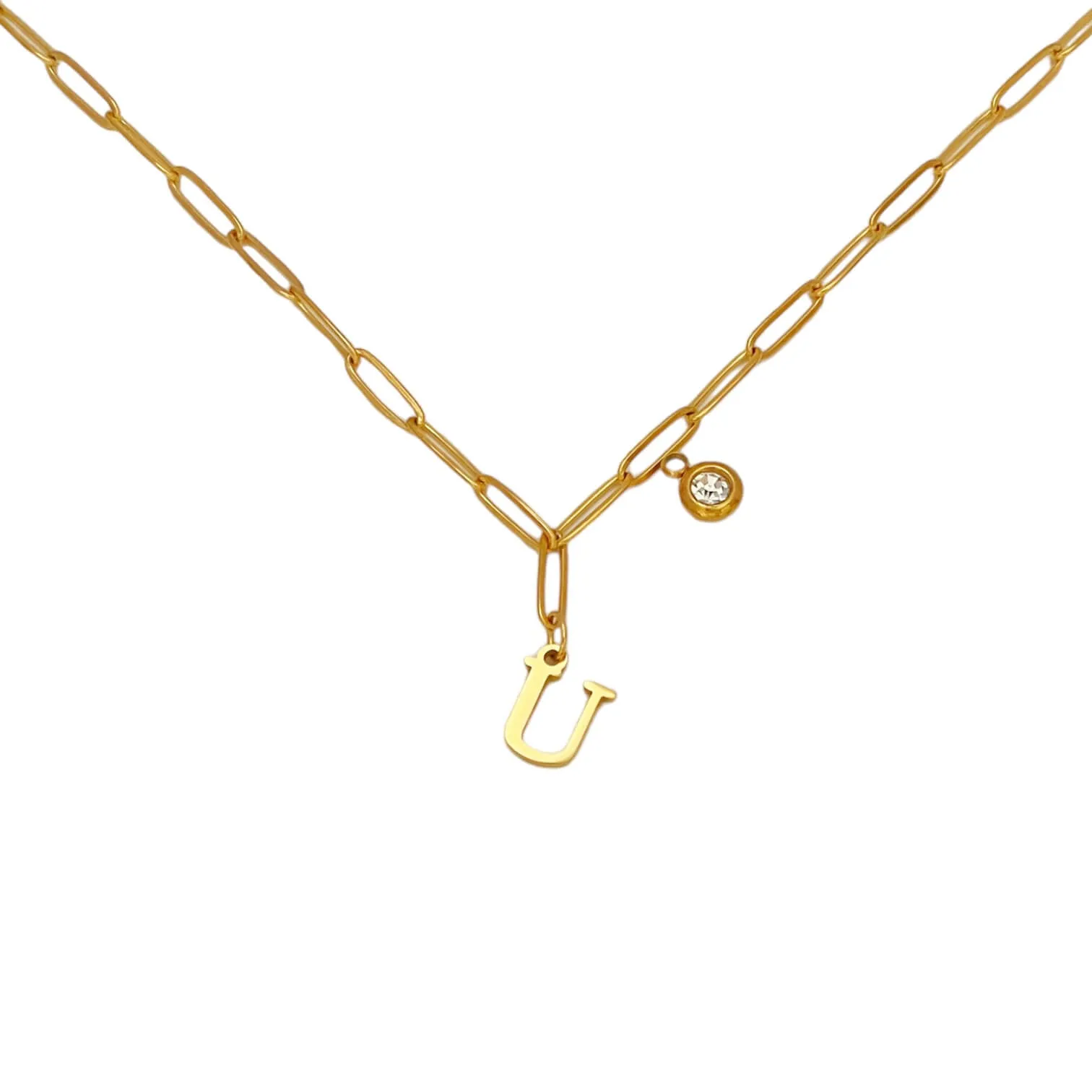 Alphabet Birthstone Paperclip Necklace Gold (O-U)