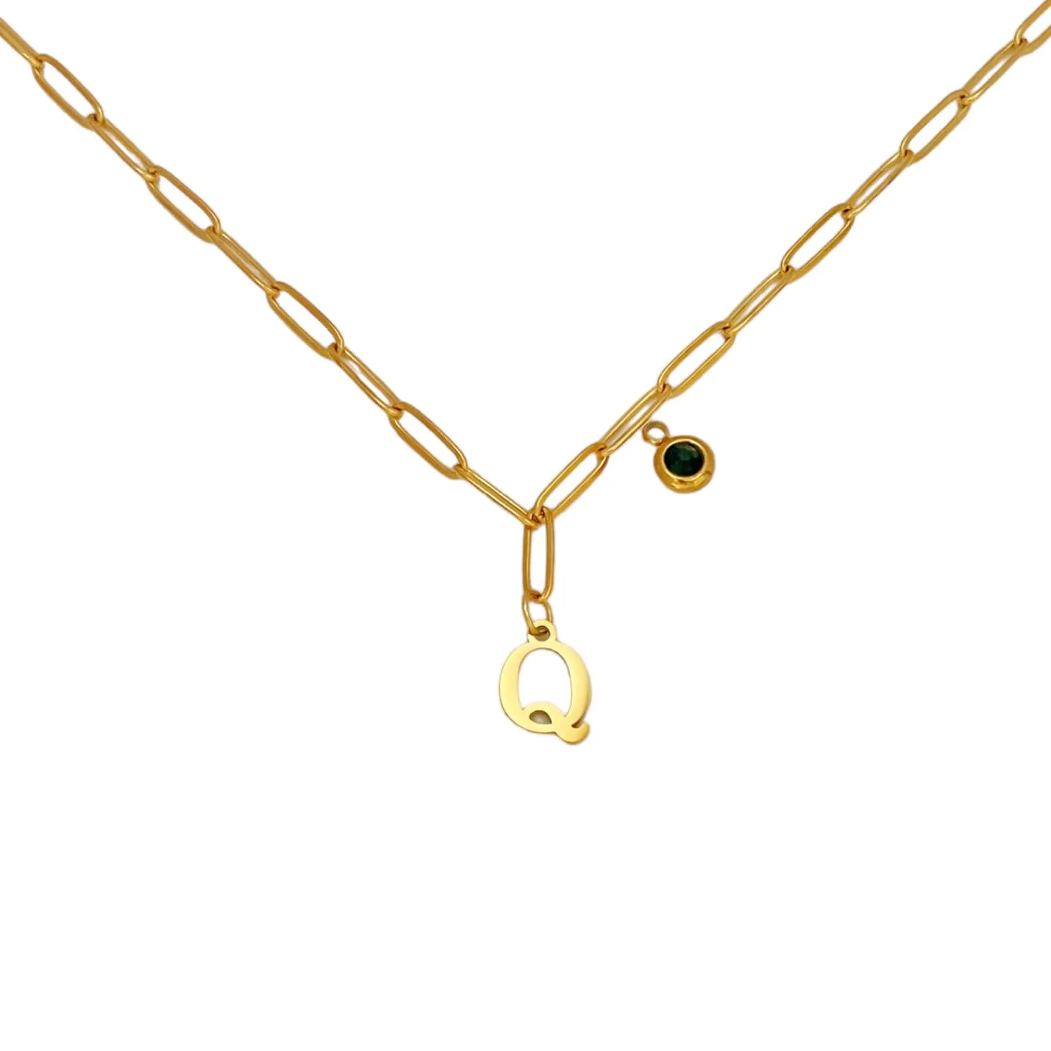 Alphabet Birthstone Paperclip Necklace Gold (O-U)