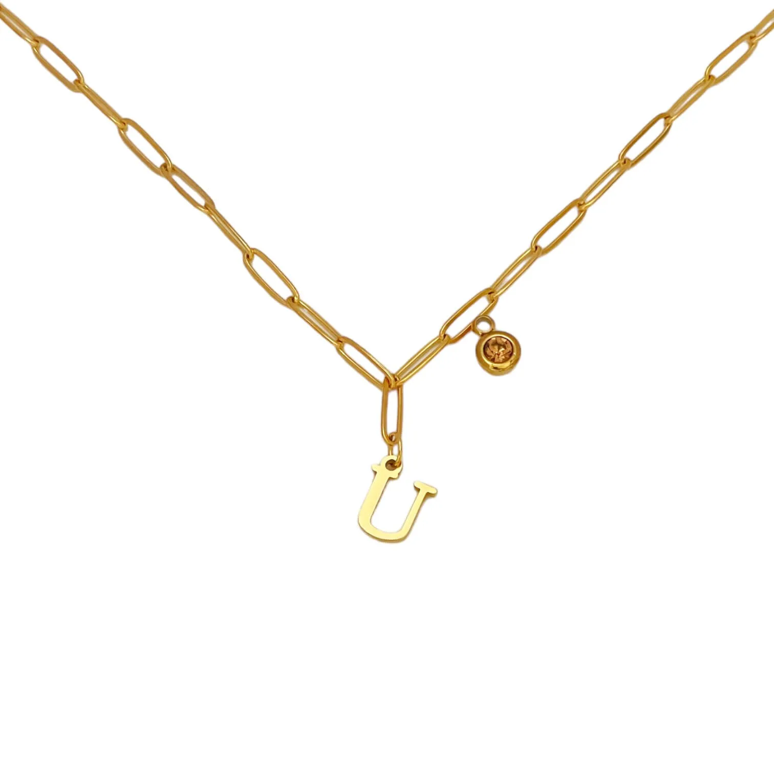 Alphabet Birthstone Paperclip Necklace Gold (O-U)