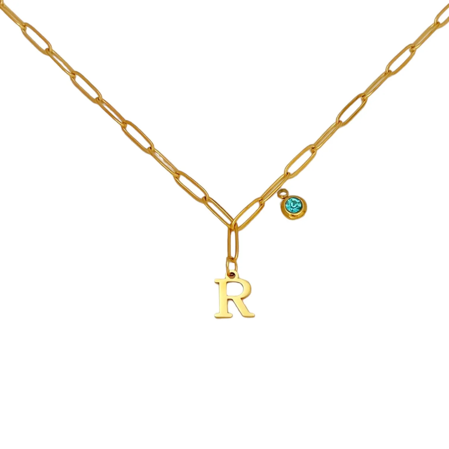 Alphabet Birthstone Paperclip Necklace Gold (O-U)