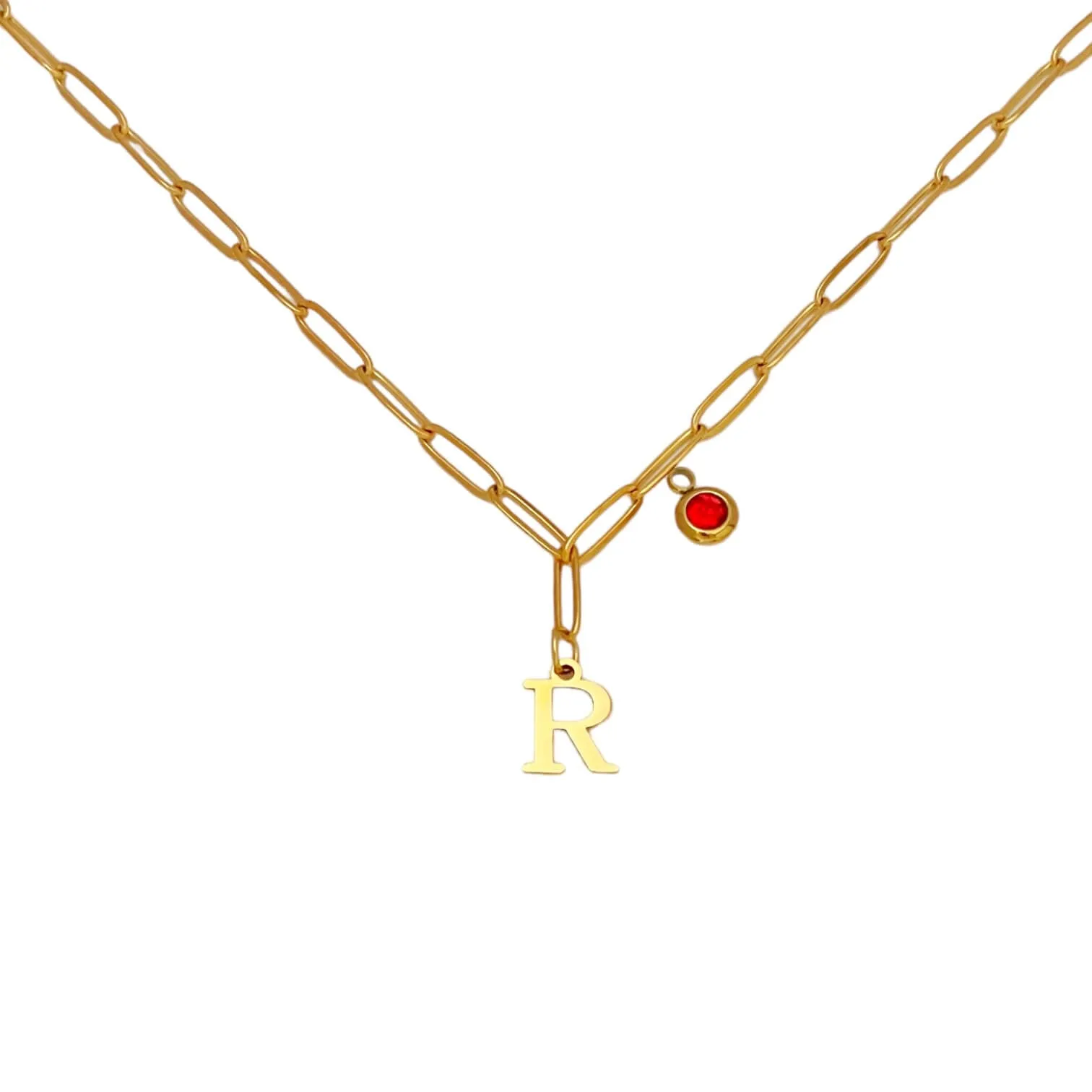 Alphabet Birthstone Paperclip Necklace Gold (O-U)