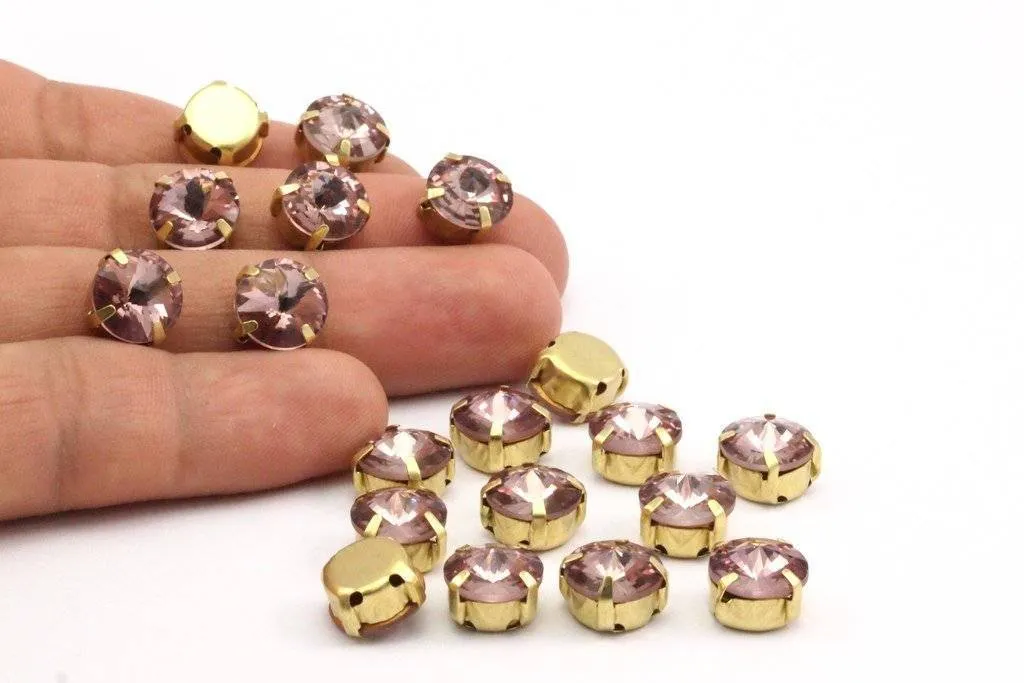 Amethyst Rhinestone Setting, 20 Ss47 Light Amethyst Rivoli Sew On Rhinestone Raw Brass Prong Settings 4 Hole Slider (10mm)