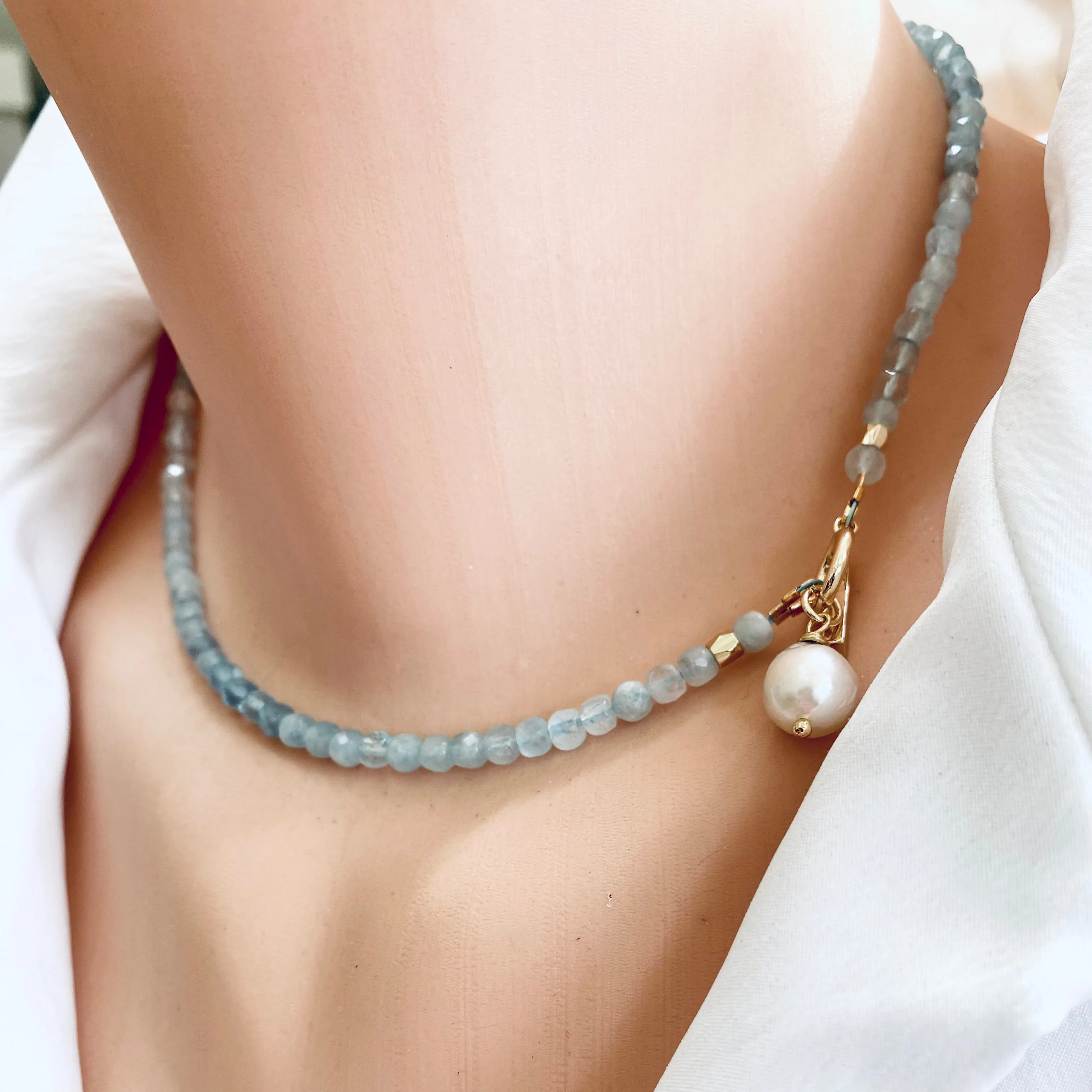 Aquamarine Toggle Necklace with Tiny Baroque Pearl Pendant, Gold Plated, March Birthstone. 16in