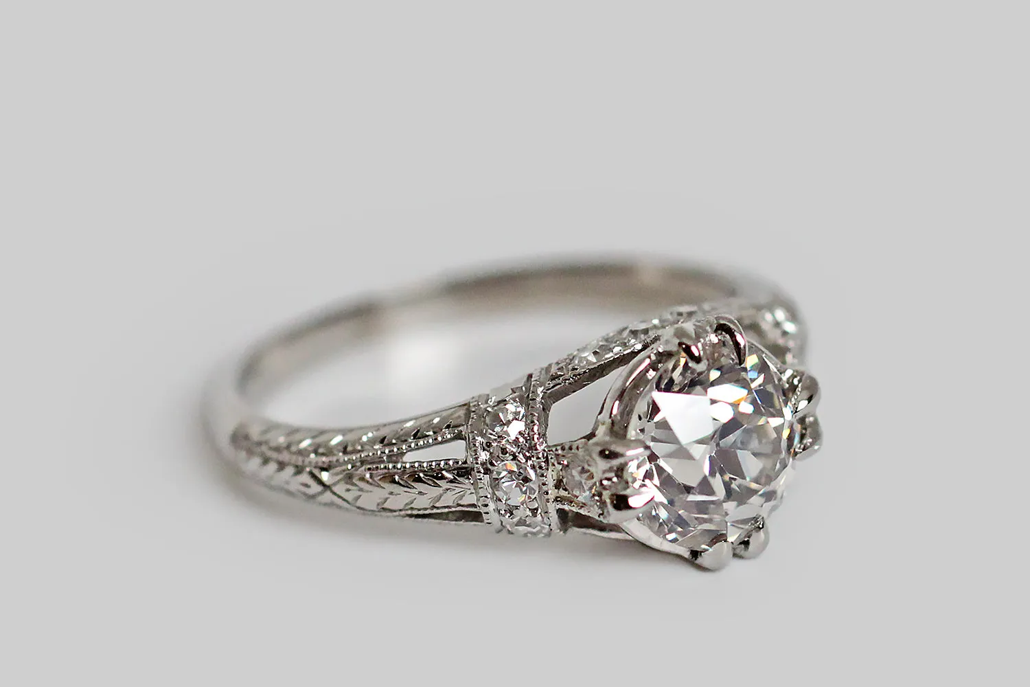 Architectural Art Deco Era Engagement Ring with 1.3 Carat OMC Center in Platinum