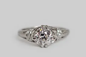 Architectural Art Deco Era Engagement Ring with 1.3 Carat OMC Center in Platinum