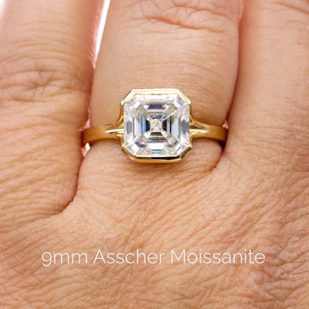 Asscher Cut Moissanite Fold Semi-Bezel Set Solitaire Engagement Ring